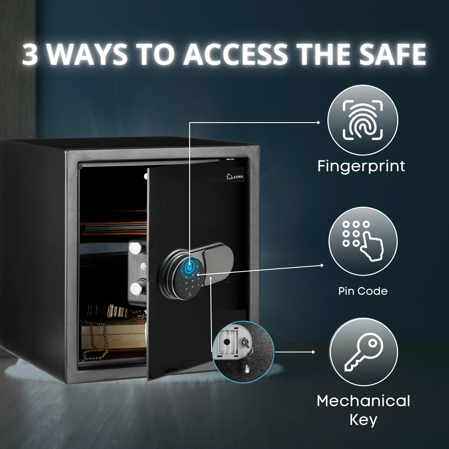 LAVNA Digital Safe Locker with FINGERPRINT, PIN and Manual key Access suitable for Jewellery, Cash, Documents and other valuables of Home Hotel Office Tijori with anti theft alarm