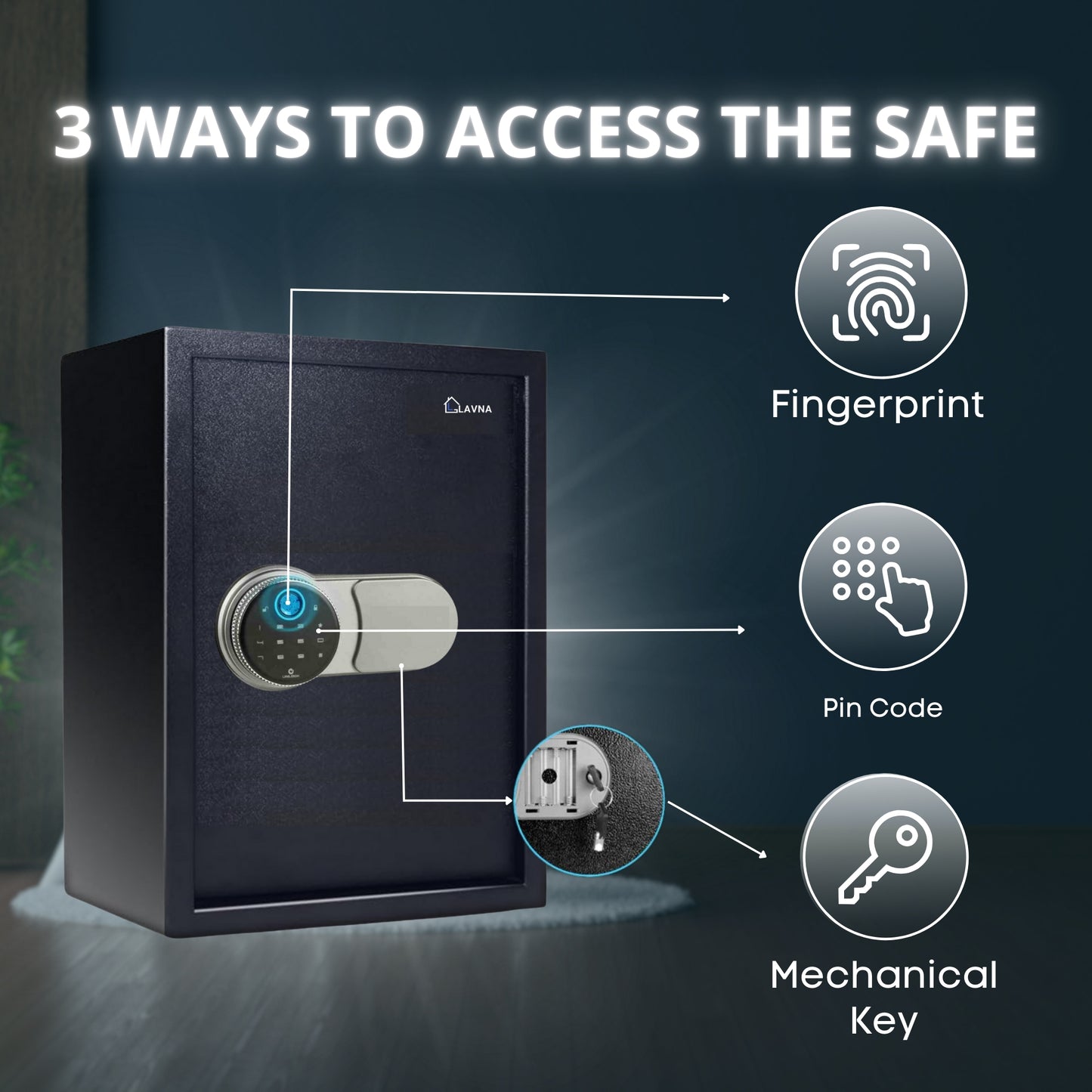 LAVNA Digital Safe Locker with FINGERPRINT, PIN and Manual key Access suitable for Jewellery, Cash, Documents and other valuables of Home Hotel Office Tijori with anti theft alarm