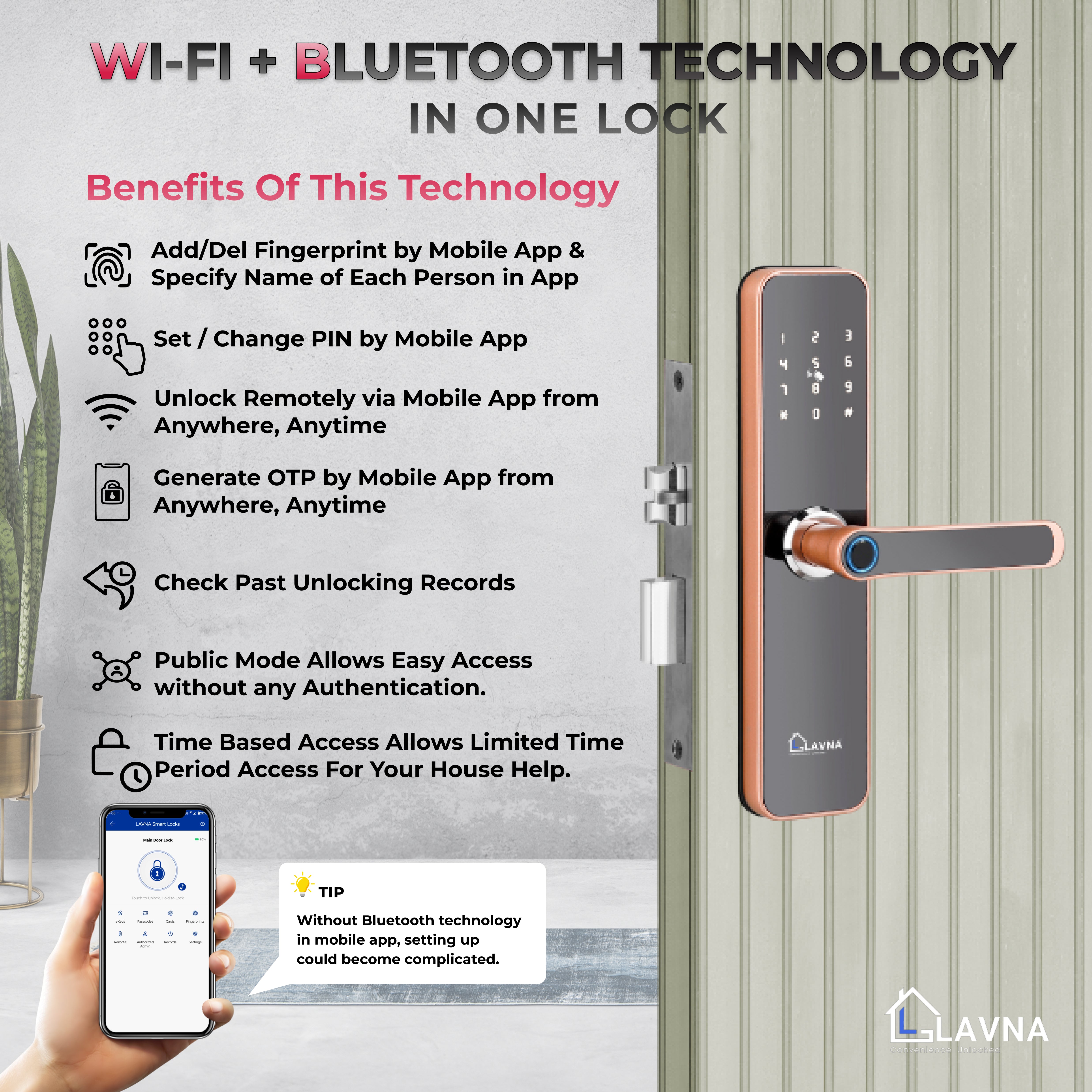 LAVNA LA28 Smart Door Lock with Wi-fi Mobile App, Fingerprint, OTP, PIN, RFID Card & Manual Key 7 way Access for Wooden Doors