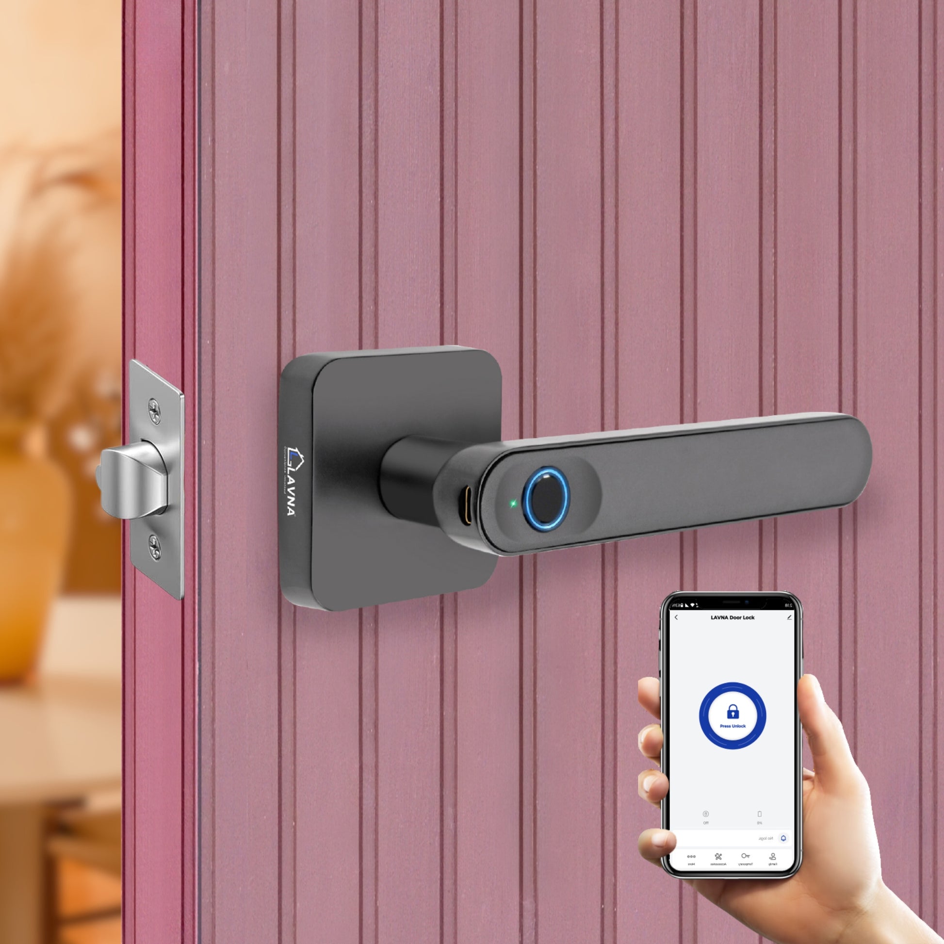 LAVNA LA15 Fingerprint Smart Door Lock Handle with Fingerprint, and Manual Key Access for Wooden Doors