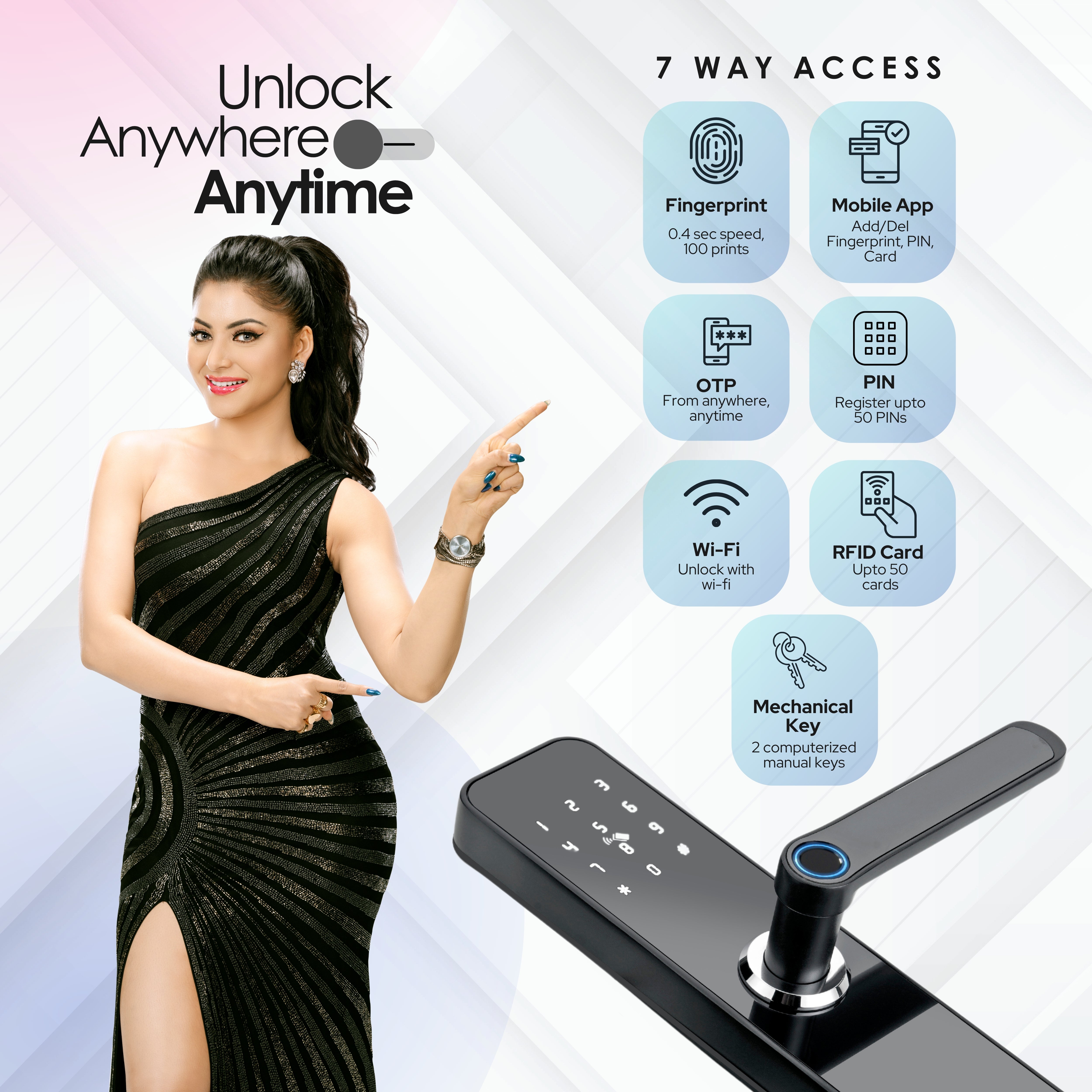 LAVNA LA28 Smart Door Lock with Wi-fi Mobile App, Fingerprint, OTP, PIN, RFID Card & Manual Key 7 way Access for Wooden Doors