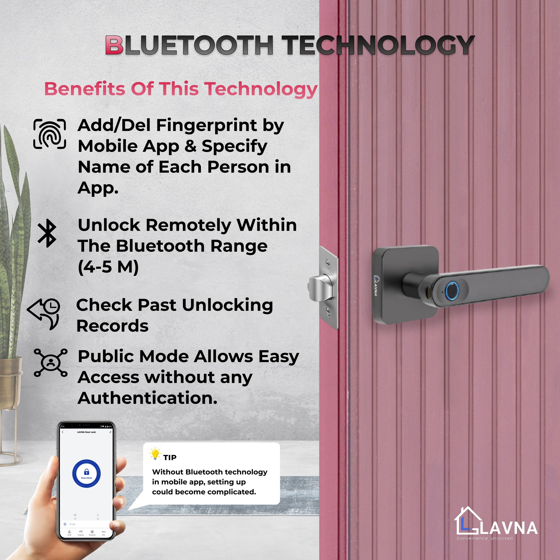LAVNA LA15 Fingerprint Smart Door Lock Handle with Fingerprint, and Manual Key Access for Wooden Doors