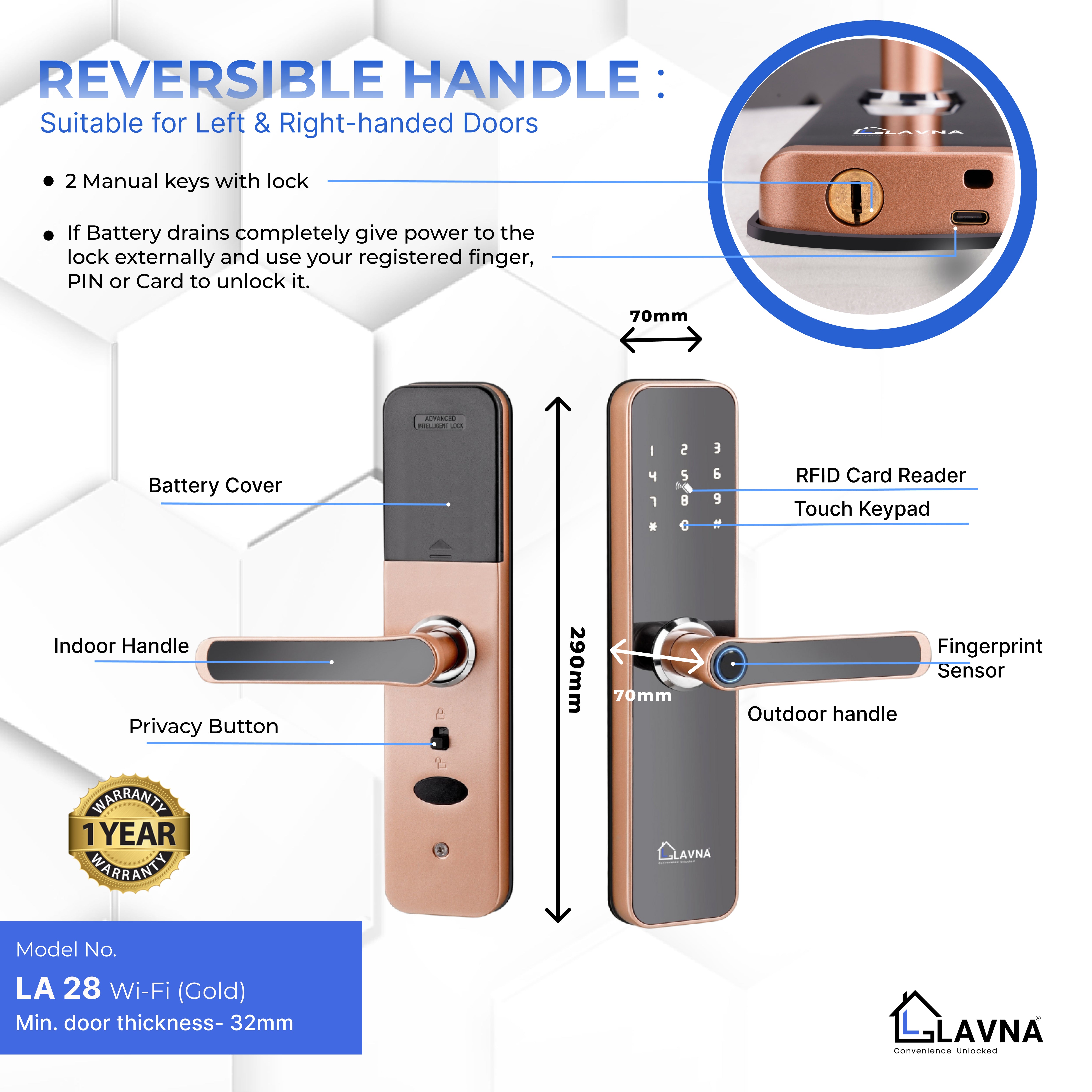 LAVNA LA28 Smart Door Lock with Wi-fi Mobile App, Fingerprint, OTP, PIN, RFID Card & Manual Key 7 way Access for Wooden Doors