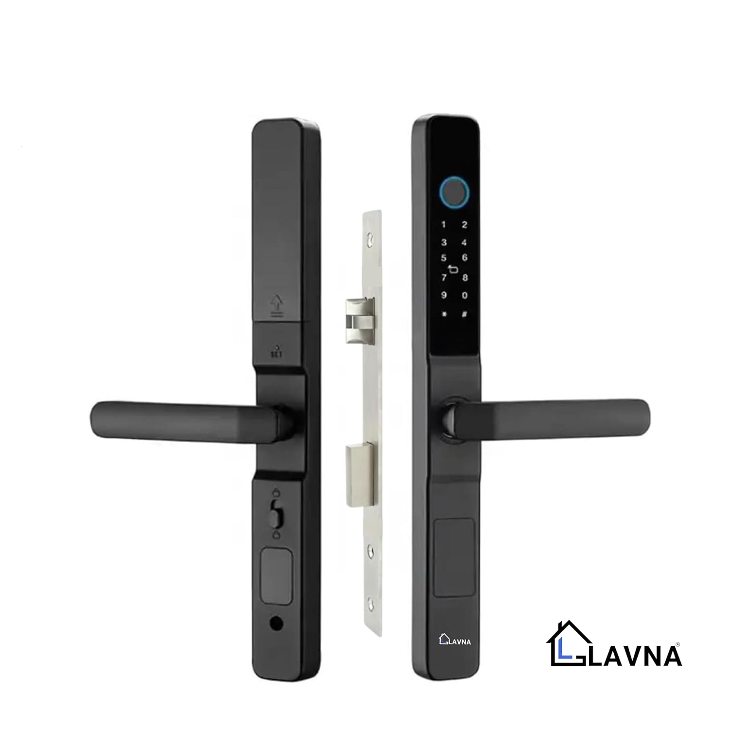 LAVNA Digital Door Lock with Fingerprint, Mobile app, PIN, Card and Manul Key Access for UPVC, Aluminium and Wooden Doors (Slim, Black)LA20