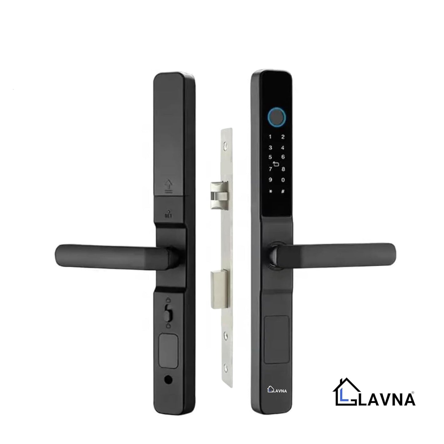 LAVNA Digital Door Lock with Fingerprint, Mobile app, PIN, Card and Manul Key Access for UPVC, Aluminium and Wooden Doors (Slim, Black)LA20
