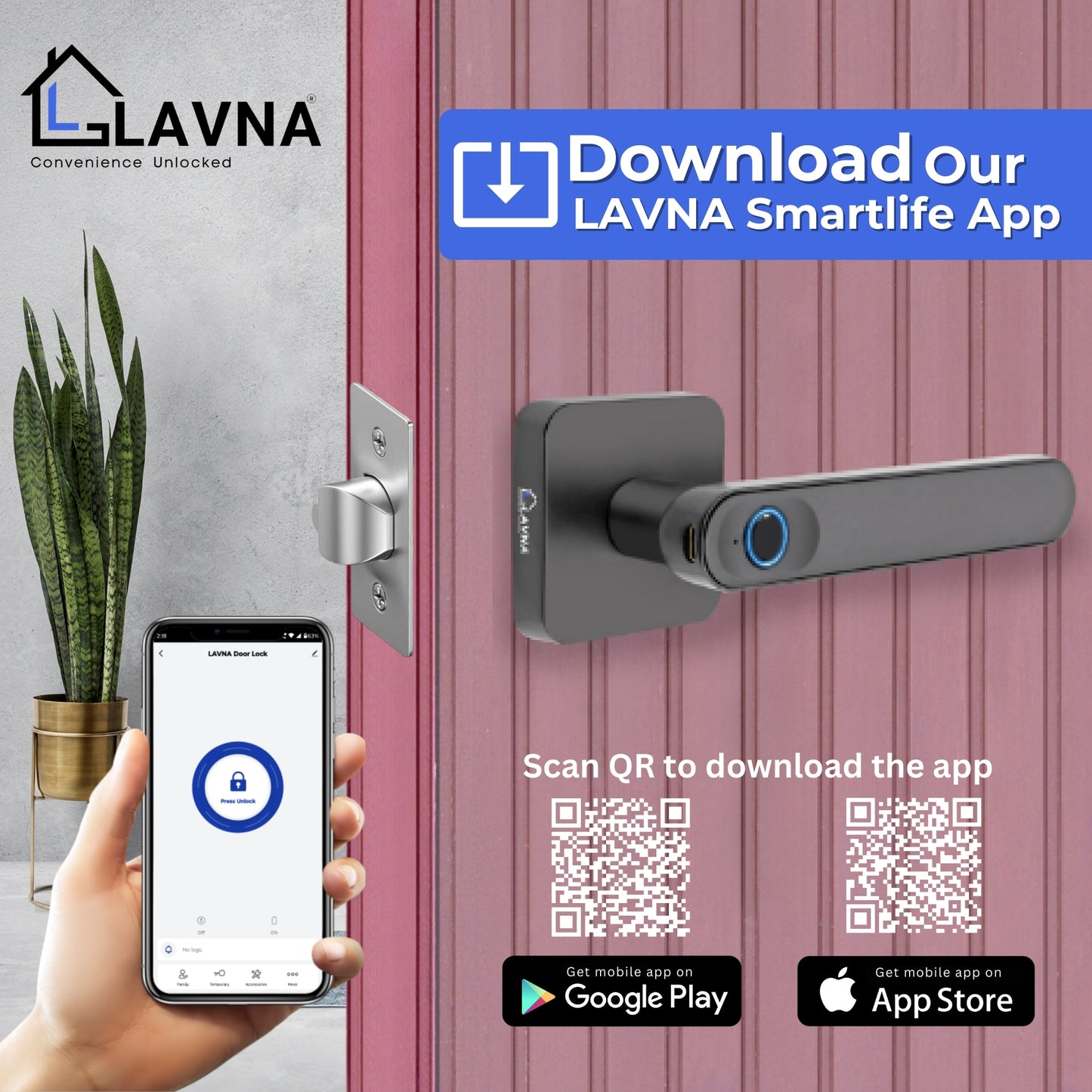 LAVNA LA15 Fingerprint Smart Door Lock Handle with Fingerprint, and Manual Key Access for Wooden Doors