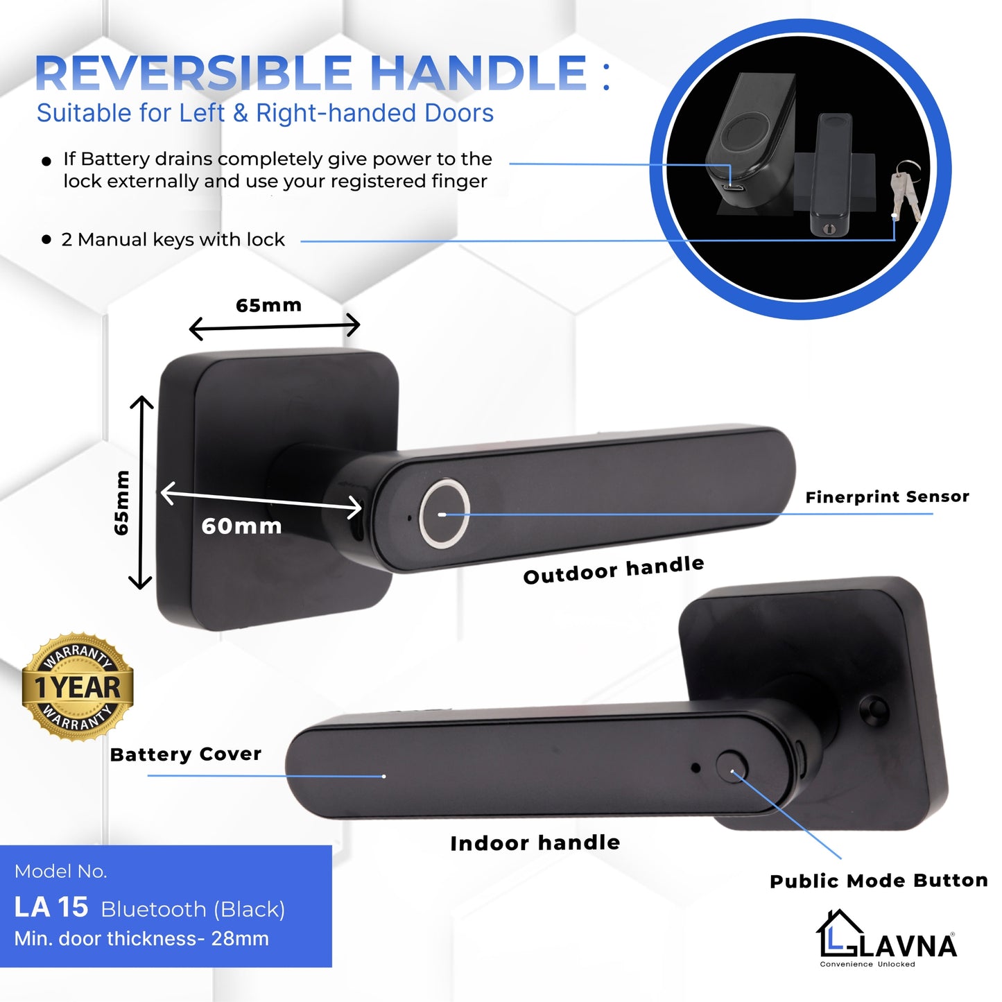 LAVNA LA15 Fingerprint Handle Door Lock with Fingerprint, and Manual Key Access for Wooden Doors