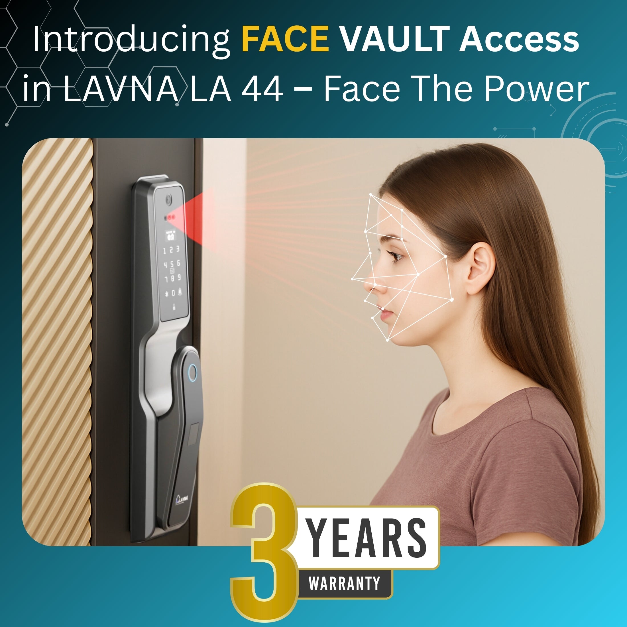 LAVNA 8-Way Premium Smart Door Lock with Camera N Face access, Fingerprint, Mobile App, Wifi + Bluetooth, RFID Card, OTP, PIN and Manual Key | 5-Bolt Security | fit with wooden doors (3 Year Warranty)