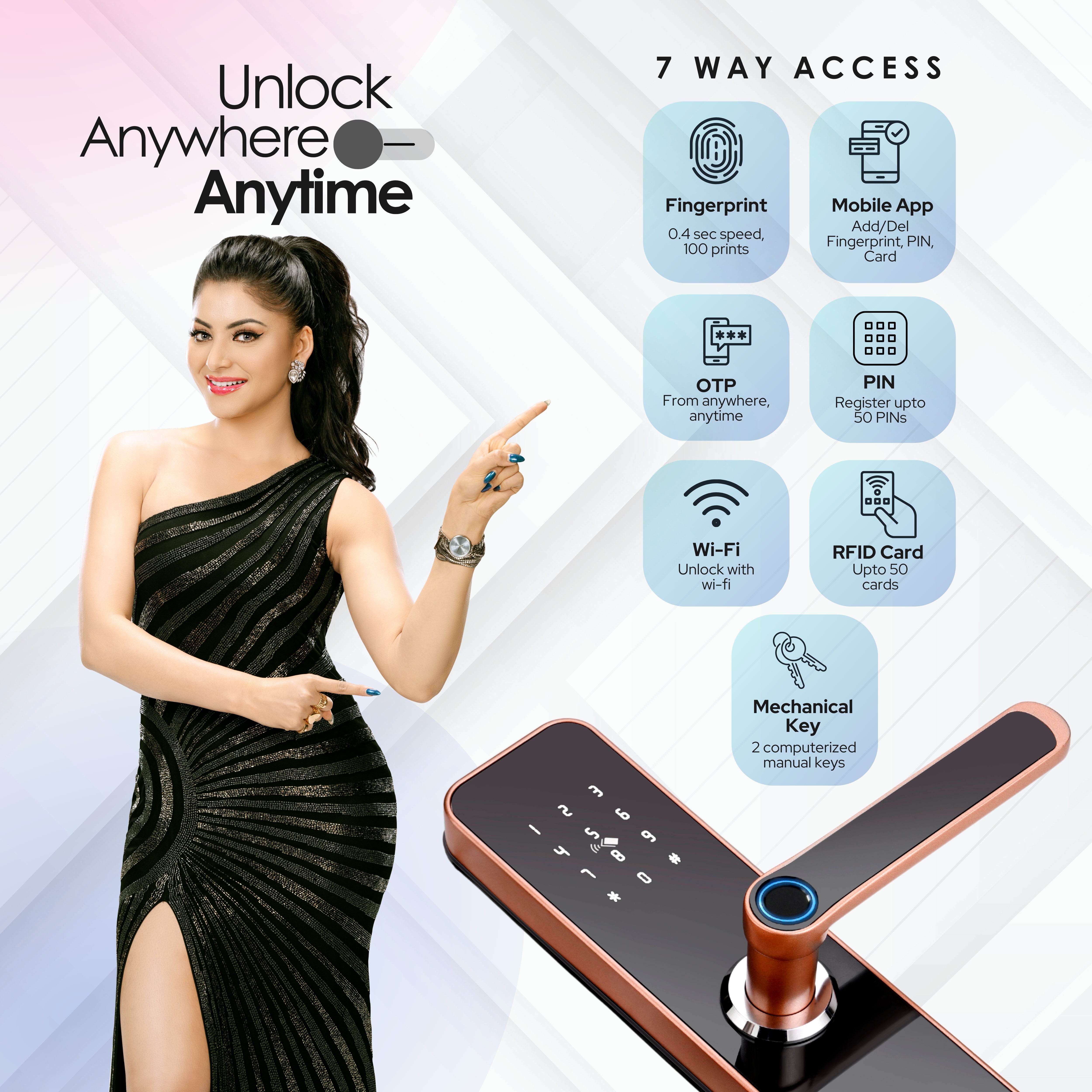 LAVNA LA28 Smart Door Lock with Wi-fi Mobile App, Fingerprint, OTP, PIN, RFID Card & Manual Key 7 way Access for Wooden Doors