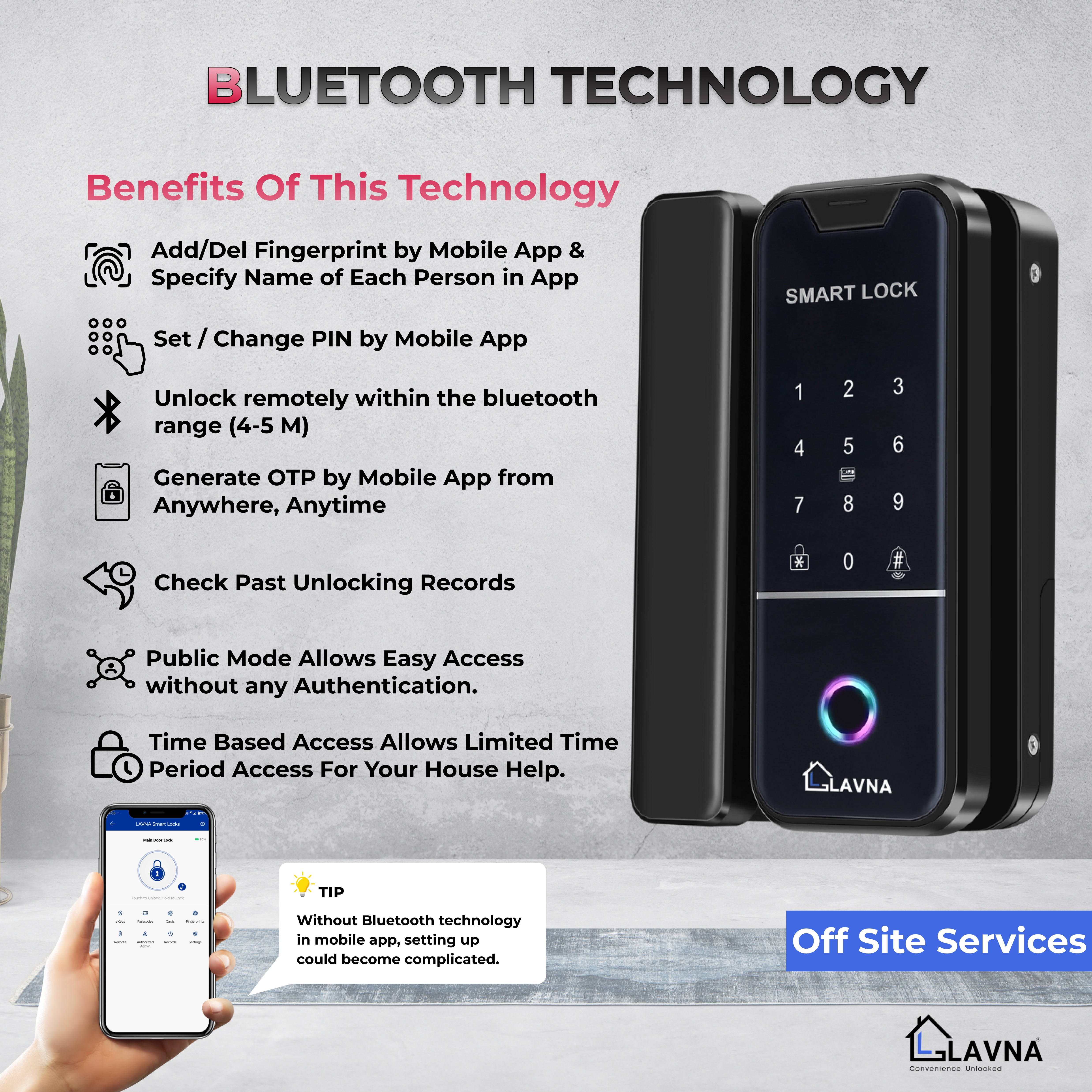 LAVNA LA4 Glass Door Lock with 6 Way of Access Fingerprint, Mobile App, Remote, OTP, PIN & RFID Card for 10-12 mm Glass Doors only (LA-4 Bluetooth)