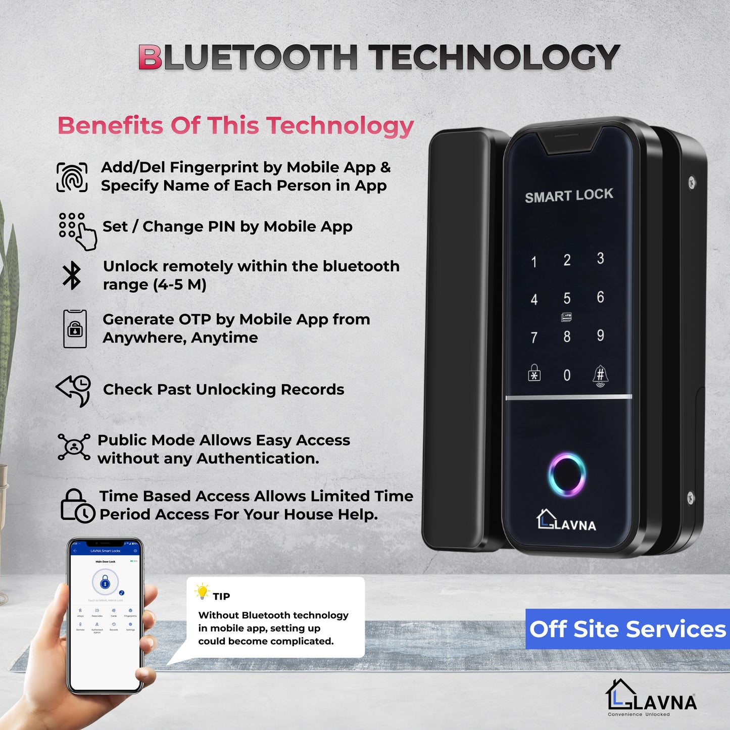 LAVNA LA4 Glass Door Lock with 6 Way of Access Fingerprint, Mobile App, Remote, OTP, PIN &amp; RFID Card for 10-12 mm Glass Doors only (LA-4 Bluetooth)