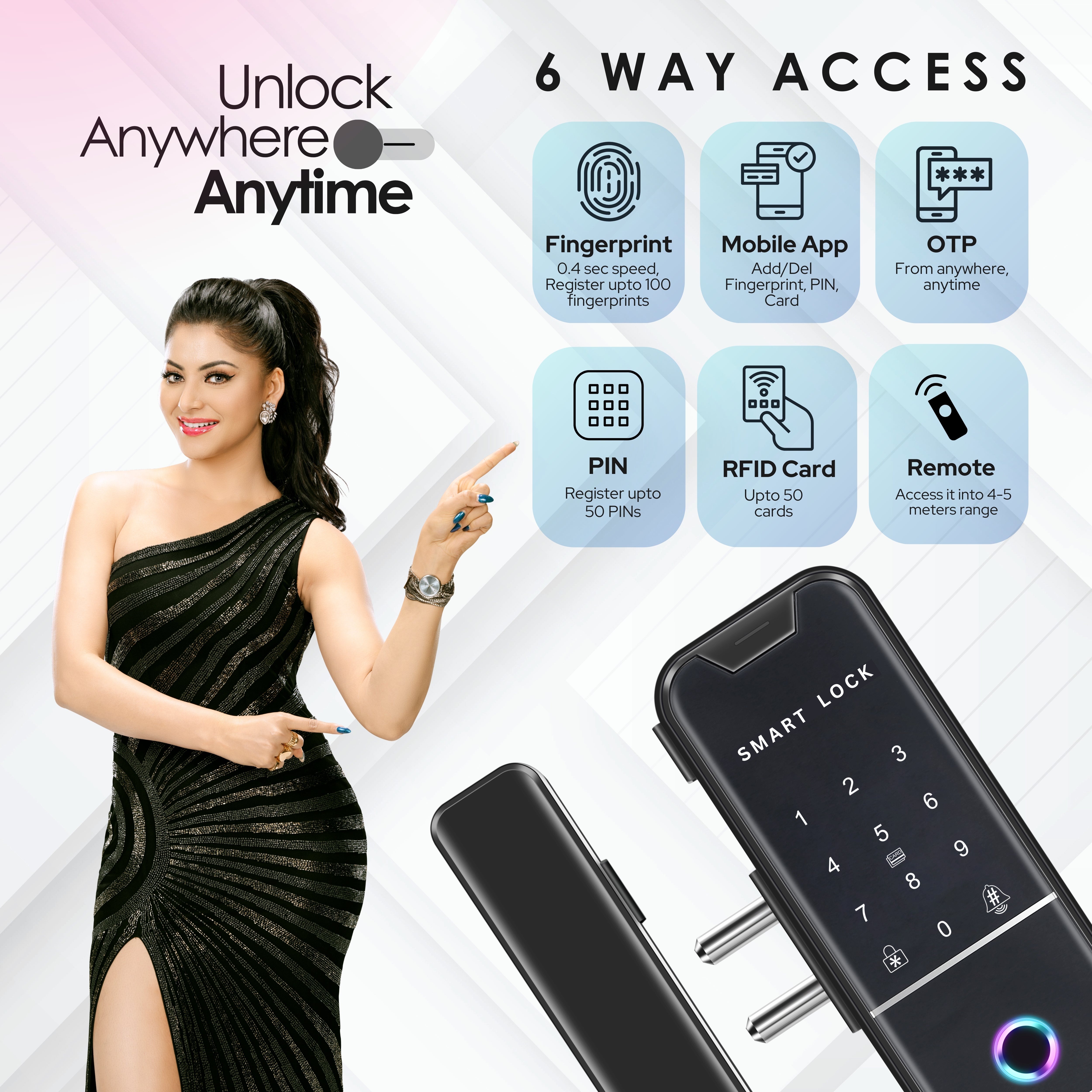LAVNA LA4 Glass Door Lock with 6 Way of Access Fingerprint, Mobile App, Remote, OTP, PIN & RFID Card for 10-12 mm Glass Doors only (LA-4 Bluetooth)