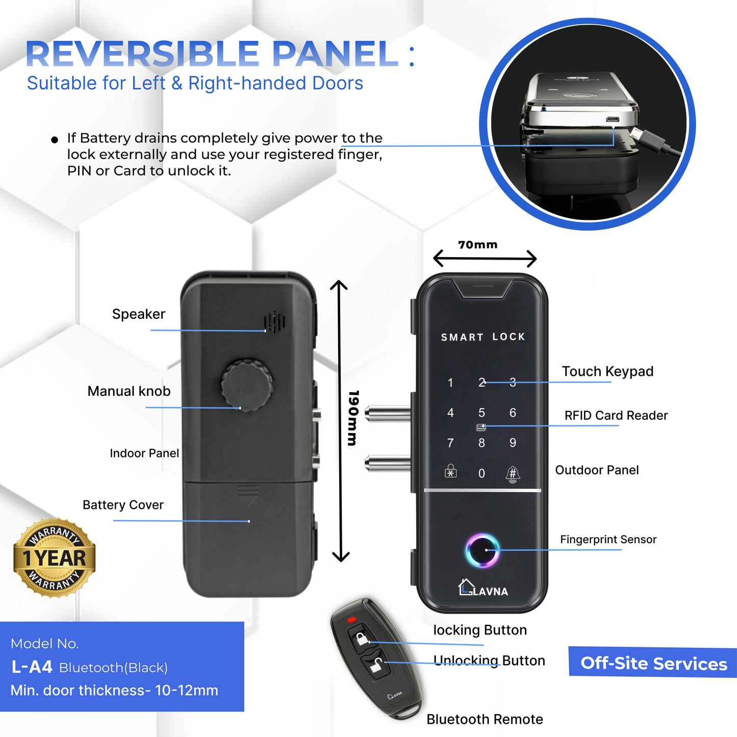 LAVNA LA4 Glass Door Lock with 6 Way of Access Fingerprint, Mobile App, Remote, OTP, PIN &amp; RFID Card for 10-12 mm Glass Doors only (LA-4 Bluetooth)
