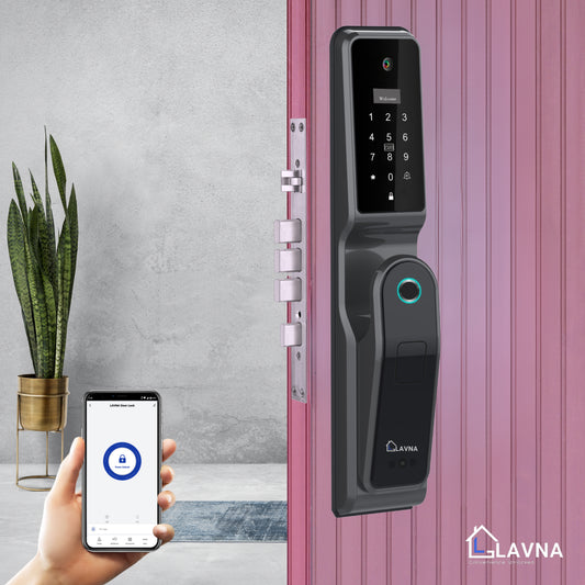 LAVNA 8-Way Premium Smart Door Lock with Camera N Face access, Fingerprint, Mobile App, Wifi + Bluetooth, RFID Card, OTP, PIN and Manual Key | 5-Bolt Security | fit with wooden doors (3 Year Warranty)