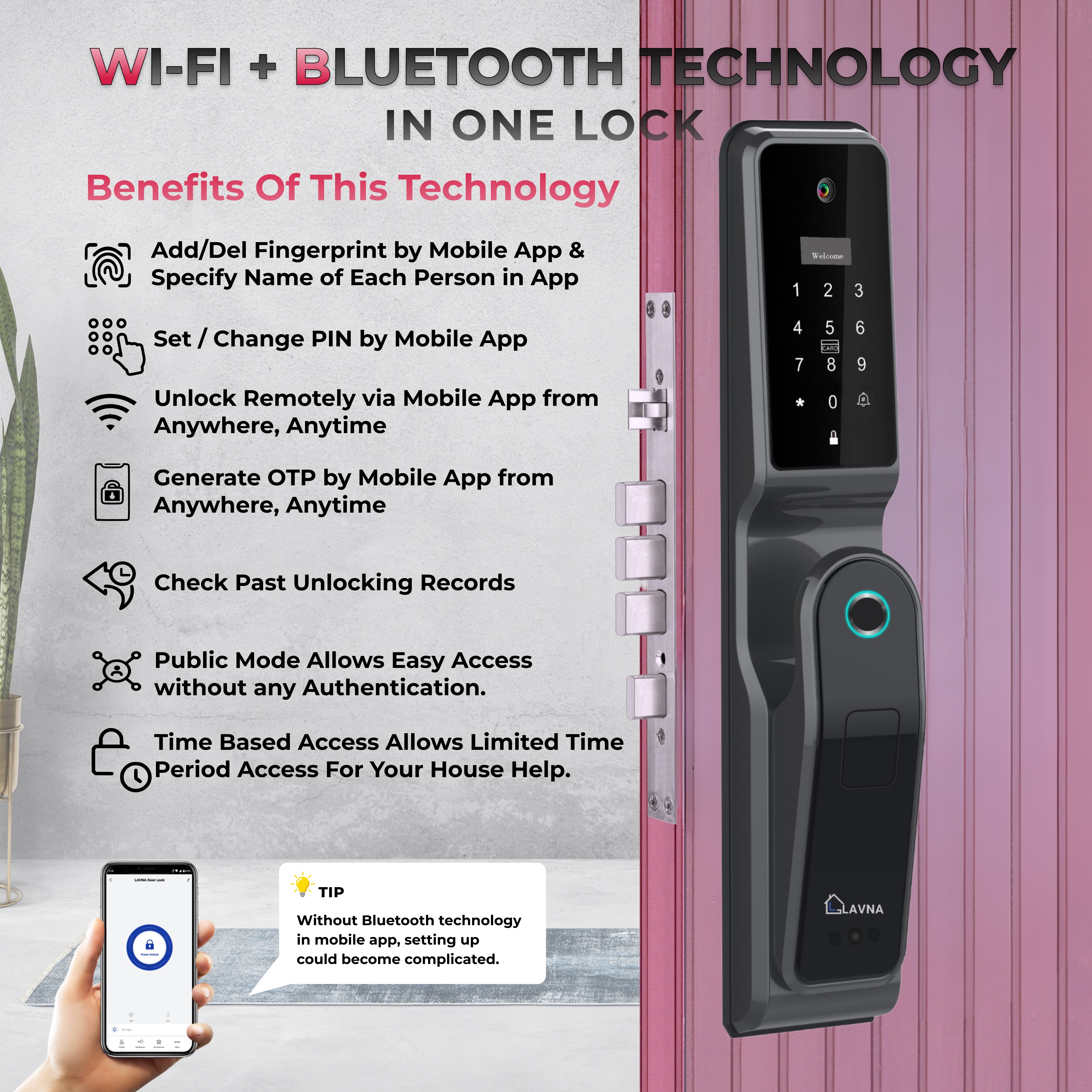 LAVNA 8-Way Premium Smart Door Lock with Camera N Face access, Fingerprint, Mobile App, Wifi + Bluetooth, RFID Card, OTP, PIN and Manual Key | 5-Bolt Security | fit with wooden doors (3 Year Warranty)