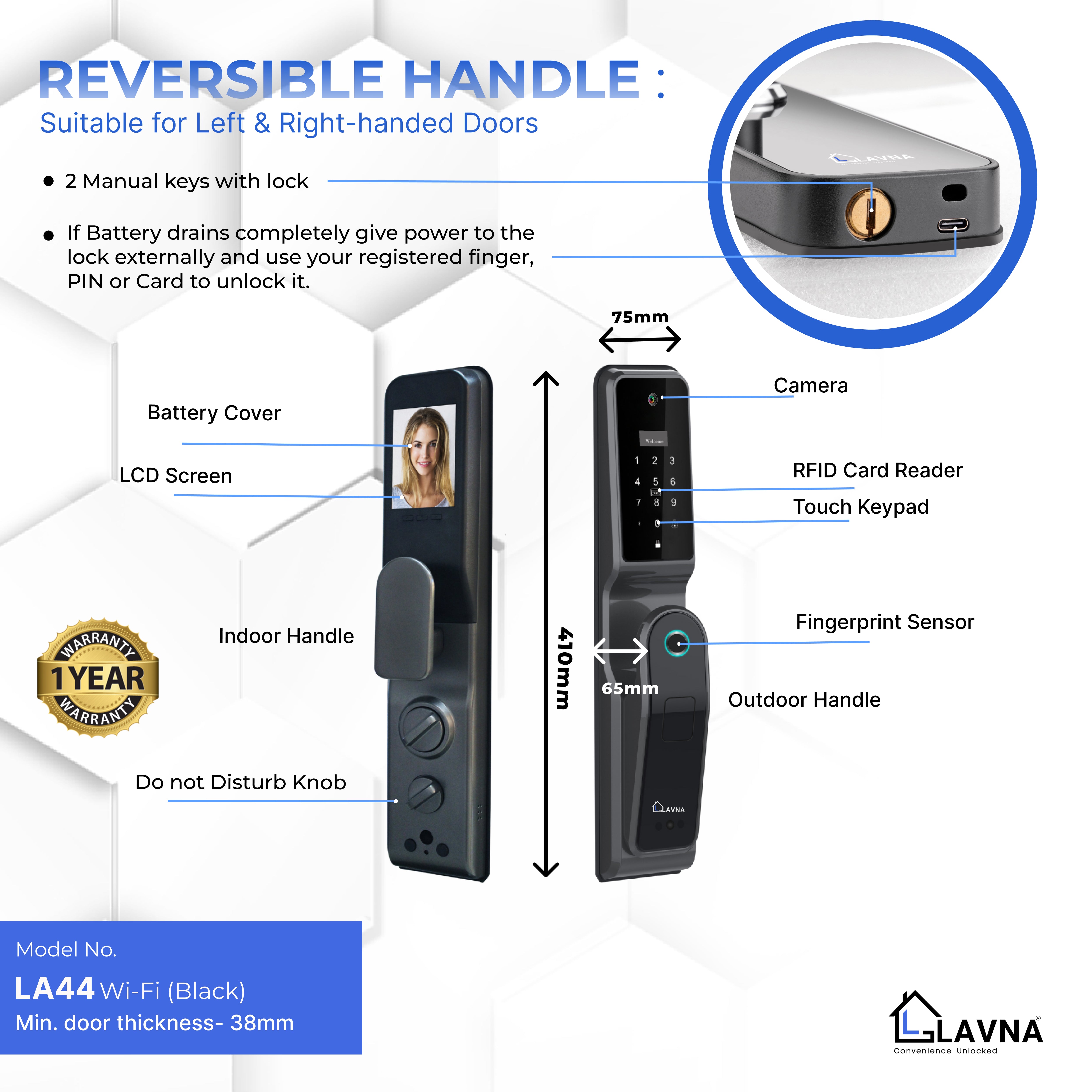 LAVNA 8-Way Premium Smart Door Lock with Camera N Face access, Fingerprint, Mobile App, Wifi + Bluetooth, RFID Card, OTP, PIN and Manual Key | 5-Bolt Security | fit with wooden doors (3 Year Warranty)
