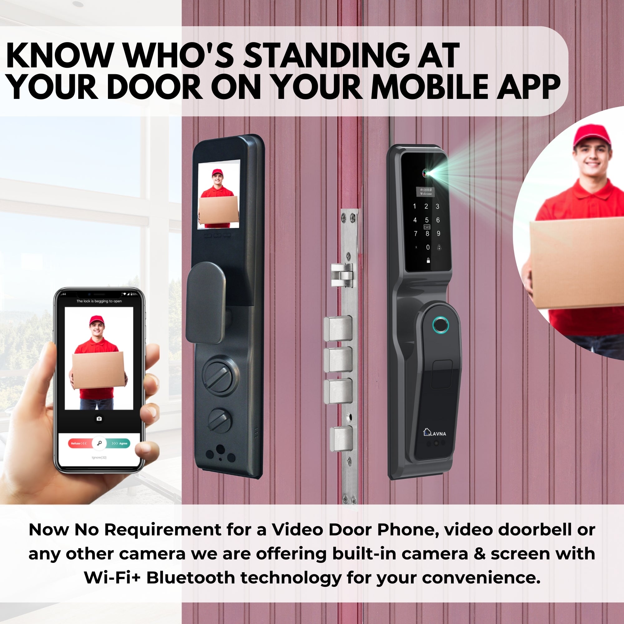 LAVNA 8-Way Premium Smart Door Lock with Camera N Face access, Fingerprint, Mobile App, Wifi + Bluetooth, RFID Card, OTP, PIN and Manual Key | 5-Bolt Security | fit with wooden doors (3 Year Warranty)