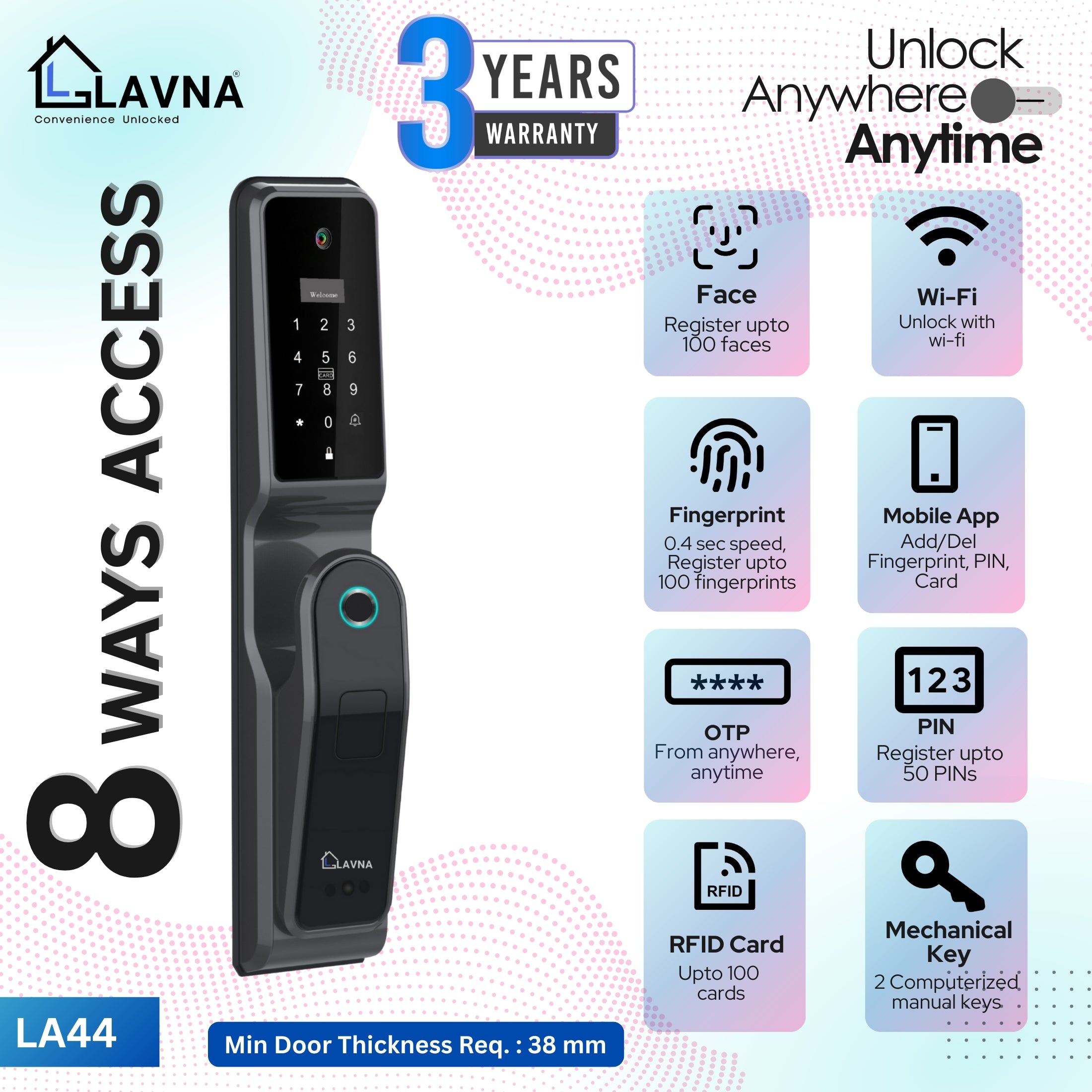 LAVNA 8-Way Premium Smart Door Lock with Camera N Face access, Fingerprint, Mobile App, Wifi + Bluetooth, RFID Card, OTP, PIN and Manual Key | 5-Bolt Security | fit with wooden doors (3 Year Warranty)