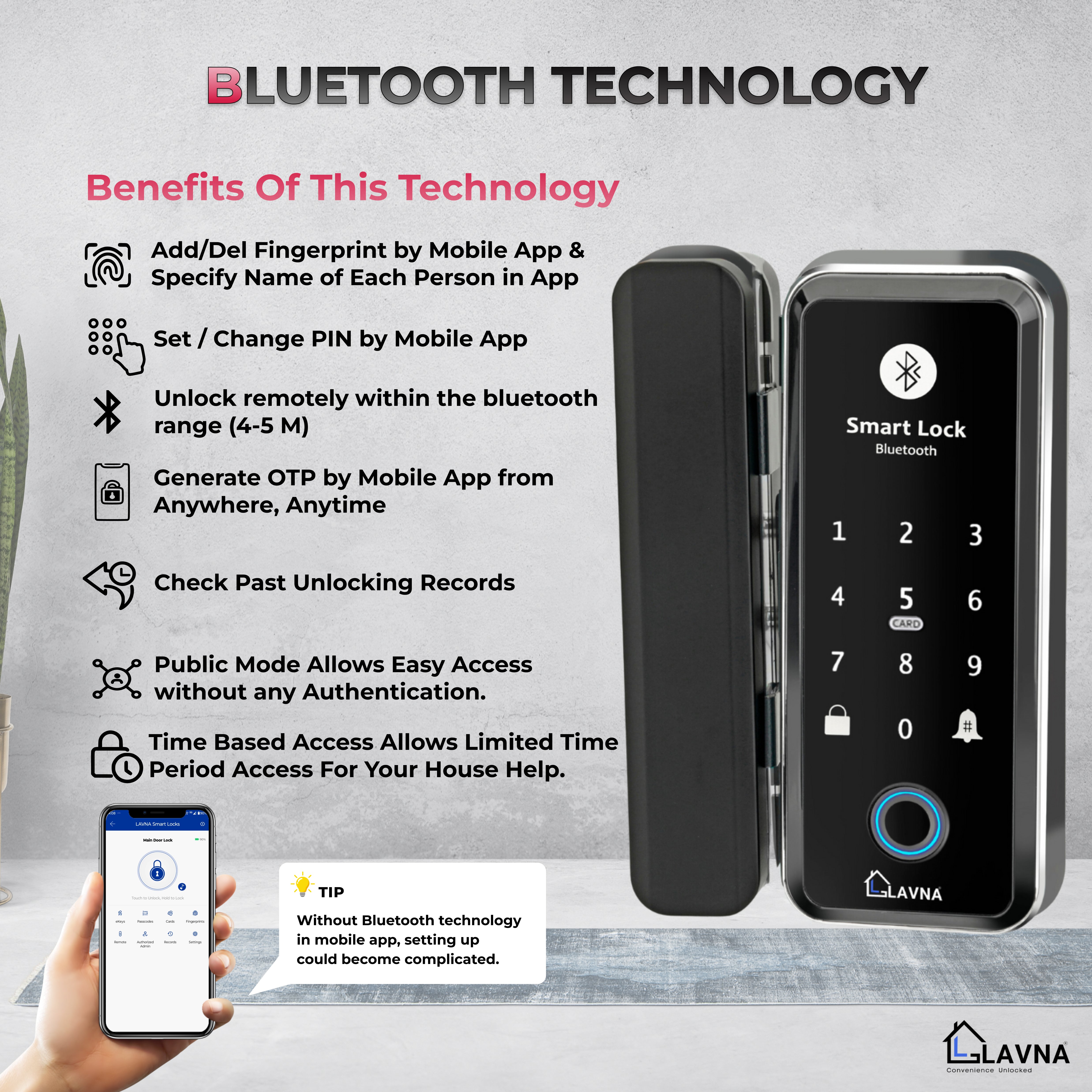 LAVNA LA5 Smart Glass Door Lock with 6 Way Access Fingerprint, Mobile App, Remote, OTP, PIN & RFID Card for (10-12 mm Glass Doors only)