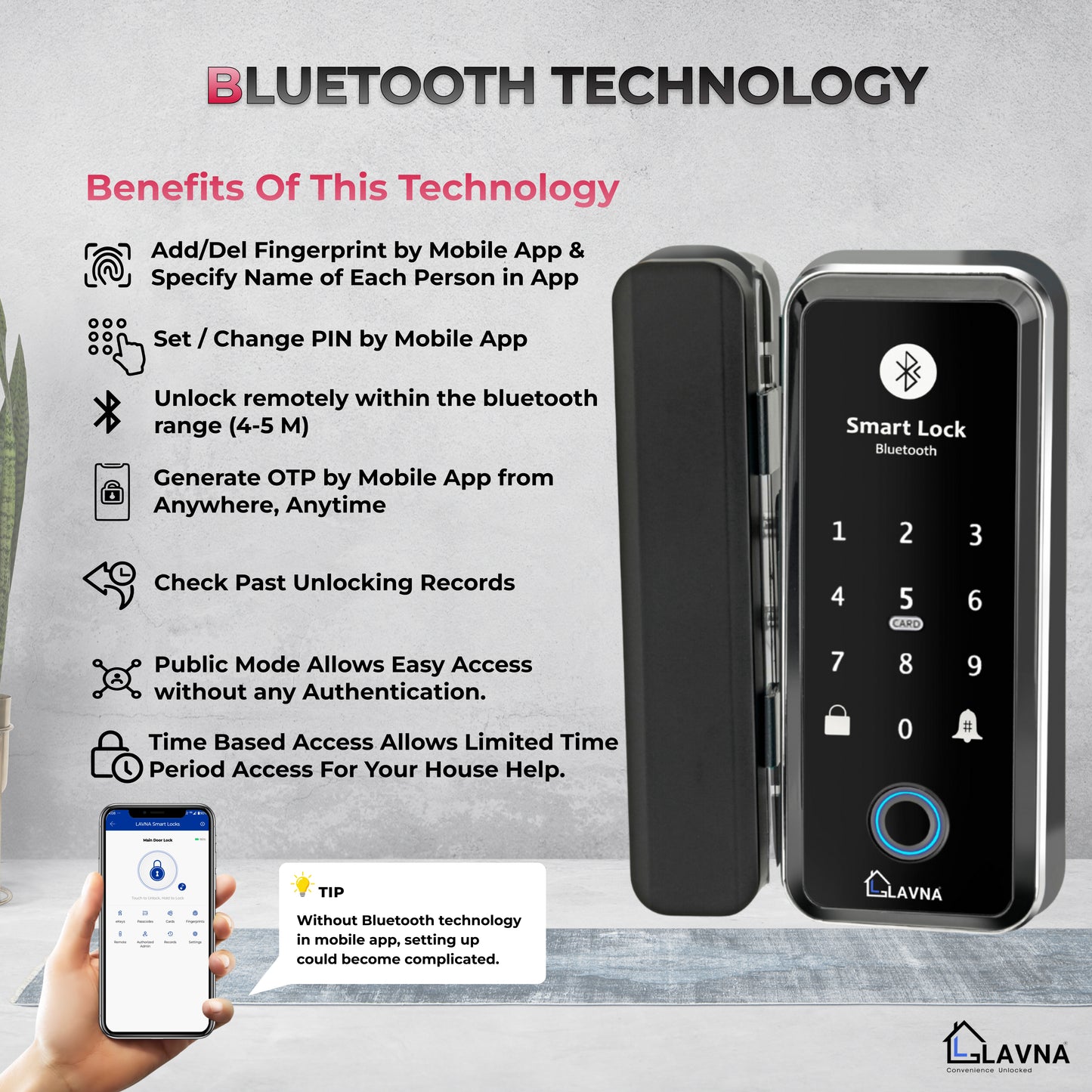 LAVNA LA5 Smart Glass Door Lock with 6 Way Access Fingerprint, Mobile App, Remote, OTP, PIN & RFID Card for (10-12 mm Glass Doors only)