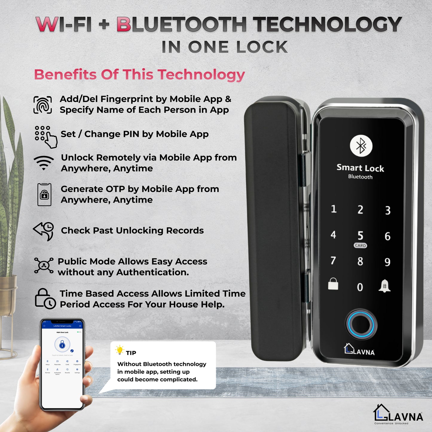 LAVNA LA5 Smart Glass Door Lock with 6 Way Access Fingerprint, Mobile App, Remote, OTP, PIN & RFID Card for (10-12 mm Glass Doors only)