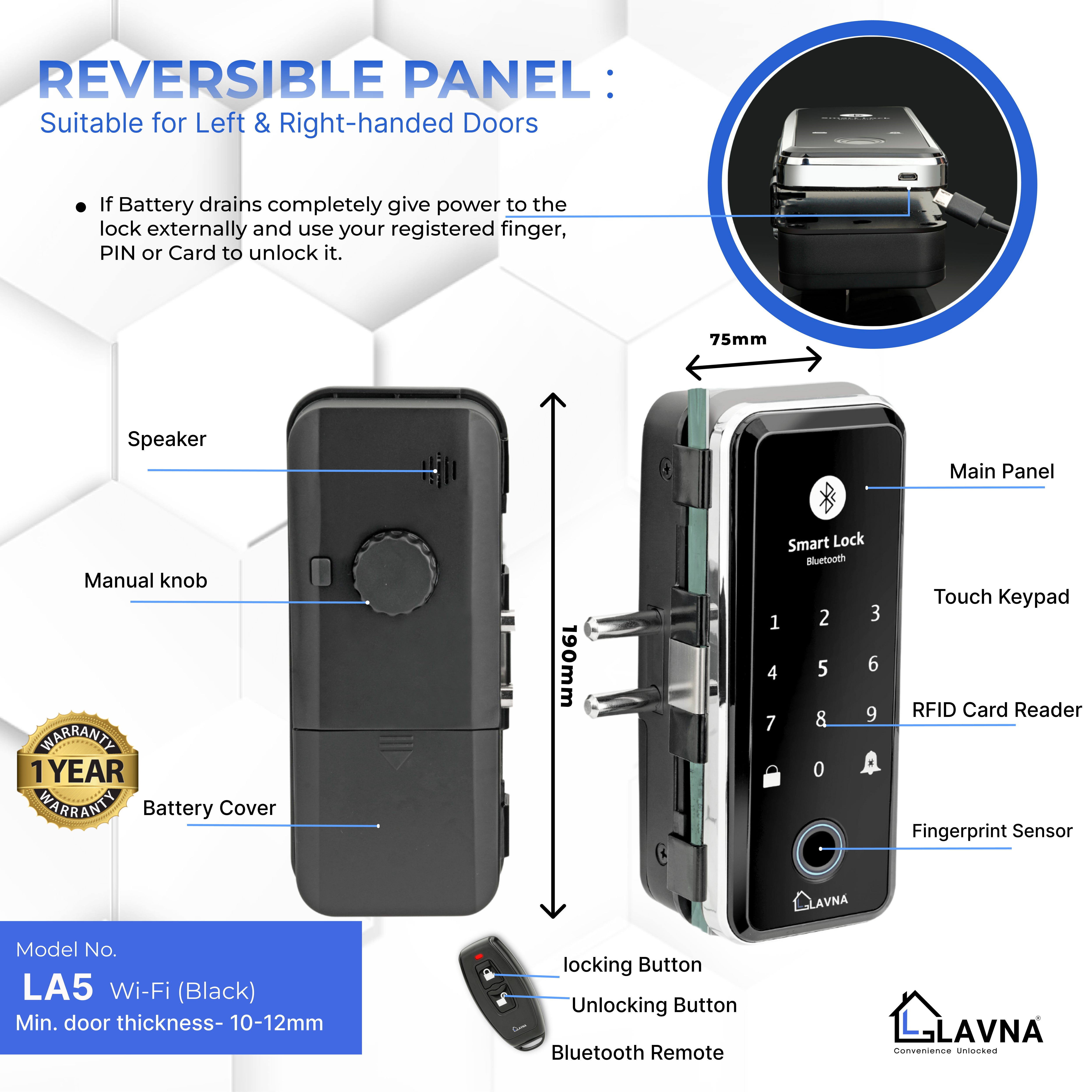 LAVNA LA5 Smart Glass Door Lock with 6 Way Access Fingerprint, Mobile App, Remote, OTP, PIN & RFID Card for (10-12 mm Glass Doors only)