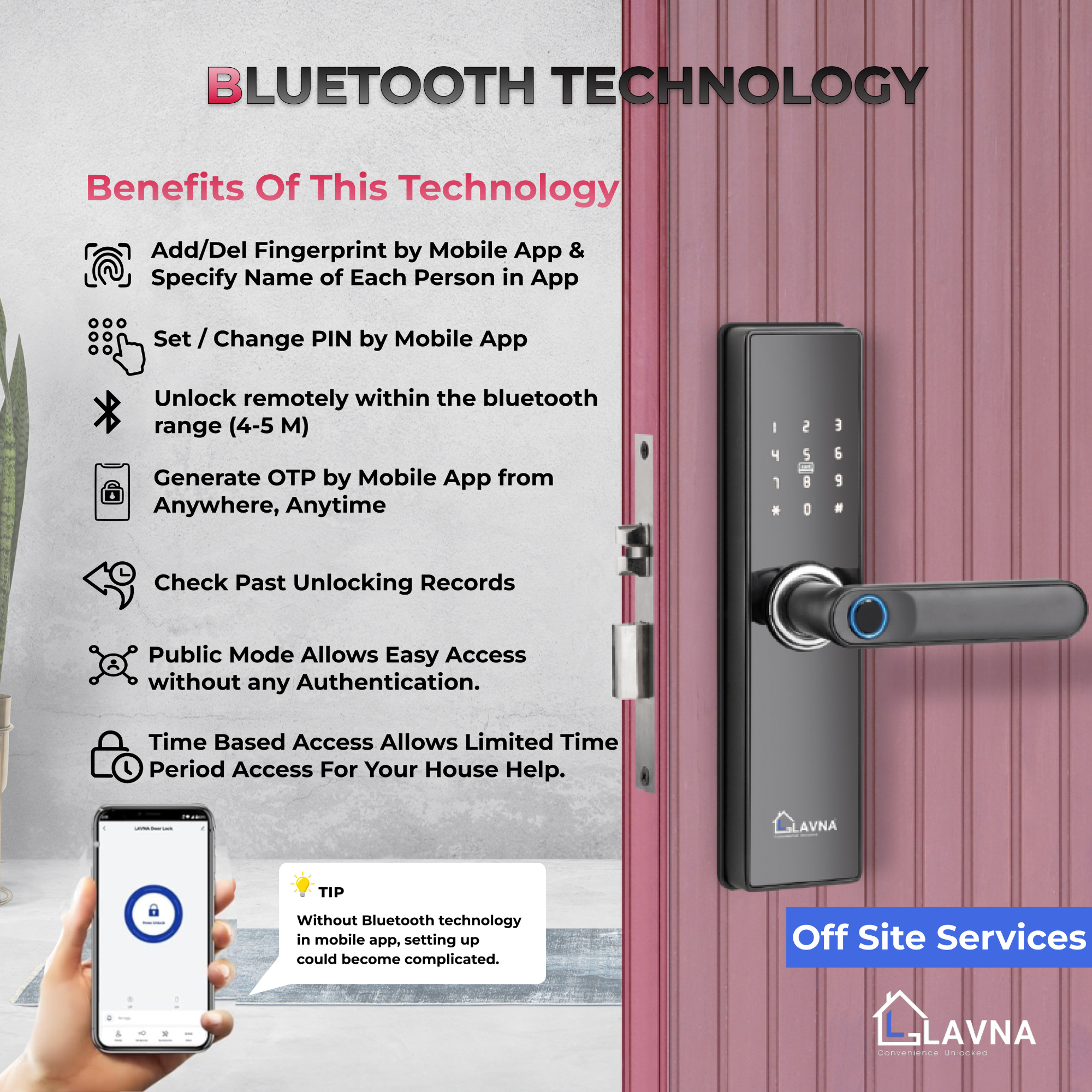 LA16 smart lock with fingerprint, PIN, and Bluetooth access options