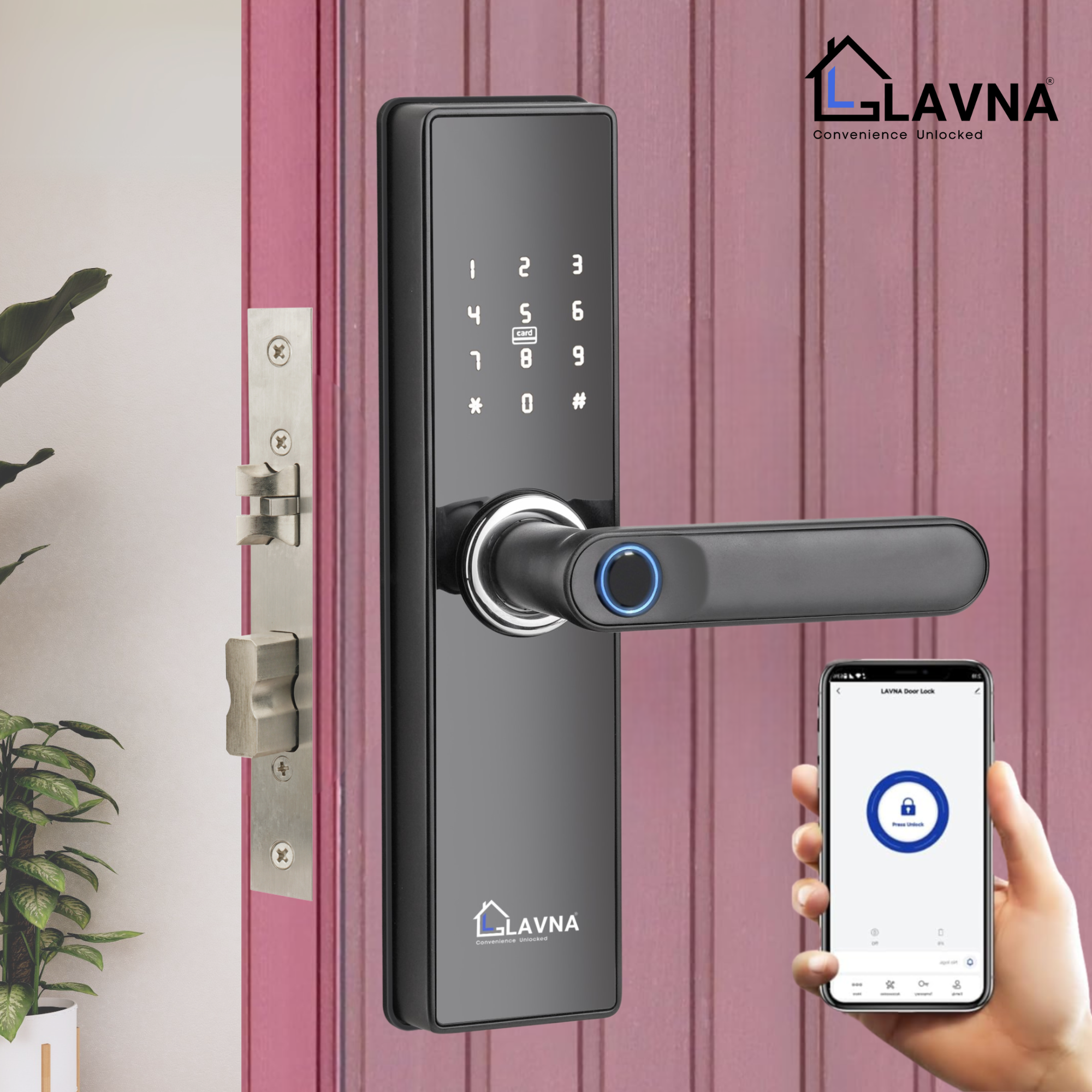 Front view of LAVNA LA16 BT smart door lock installed on a wooden door


