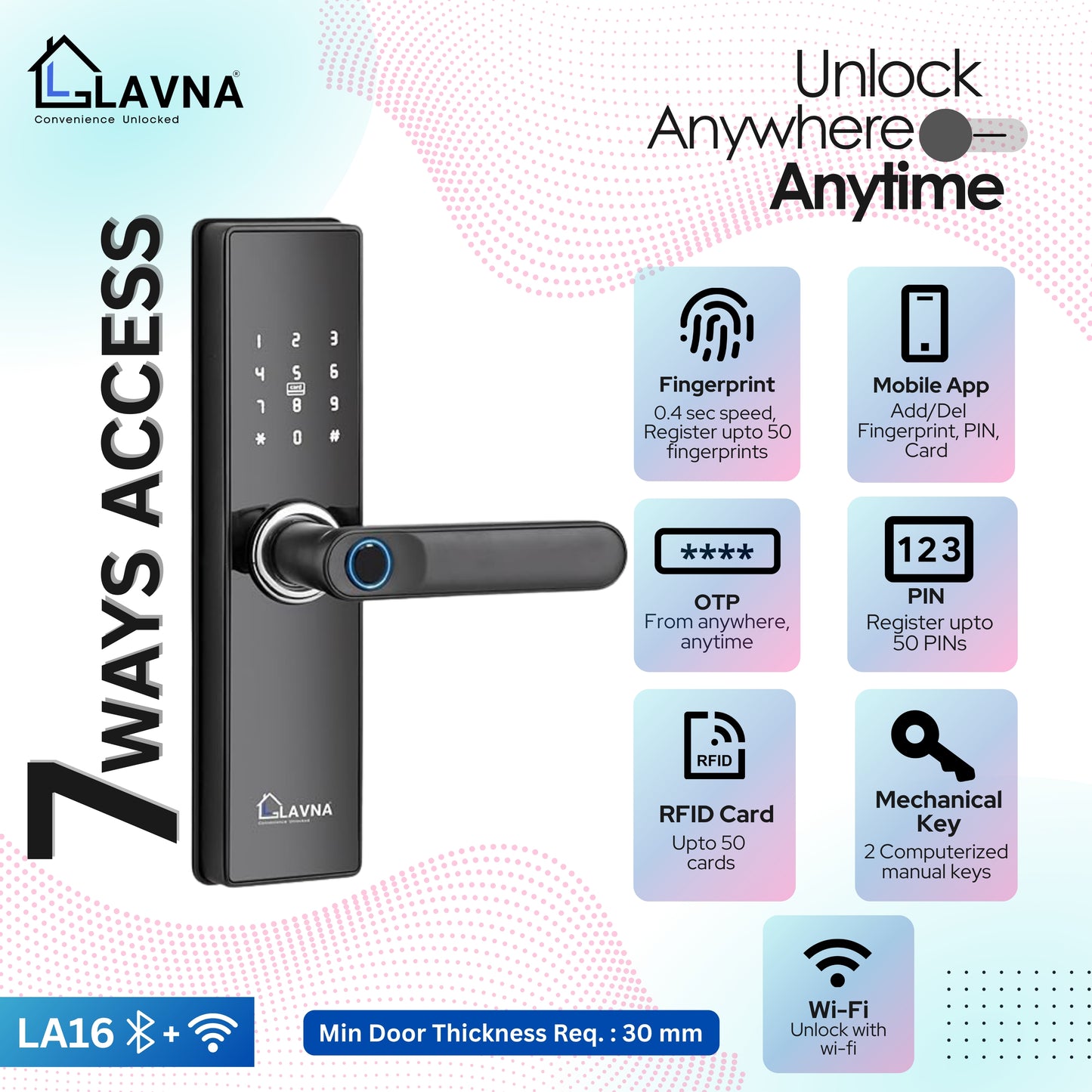 LAVNA LA16 Fingerprint Door Lock with Wi-fi Mobile App, Fingerprint, OTP, PIN, RFID Card & Manual Key 7 way Access for Wooden Doors