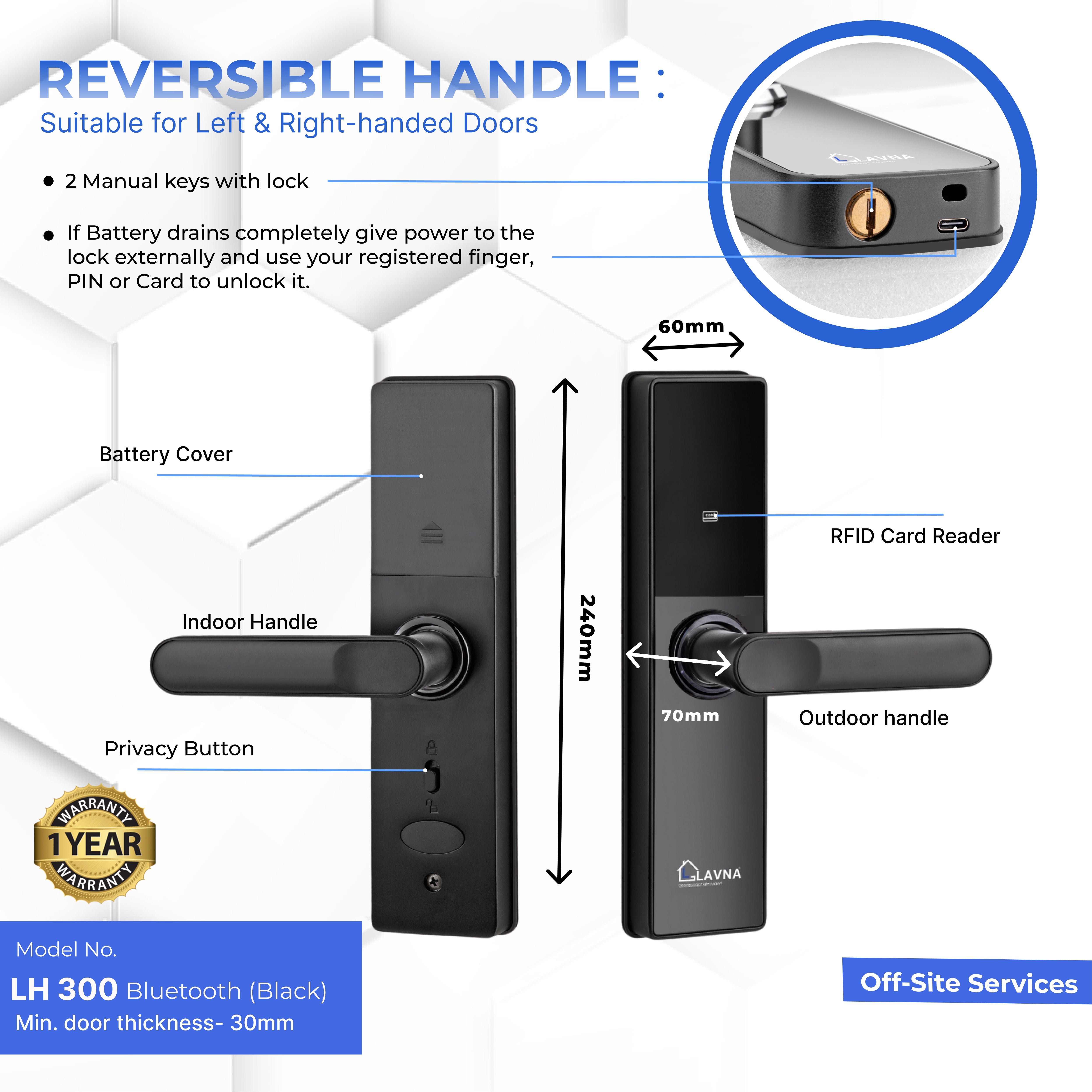 LAVNA Hotel Door lock with RFID Card & Manual Key Access for Hotel | Resort | PG room doors. - LH300 Black