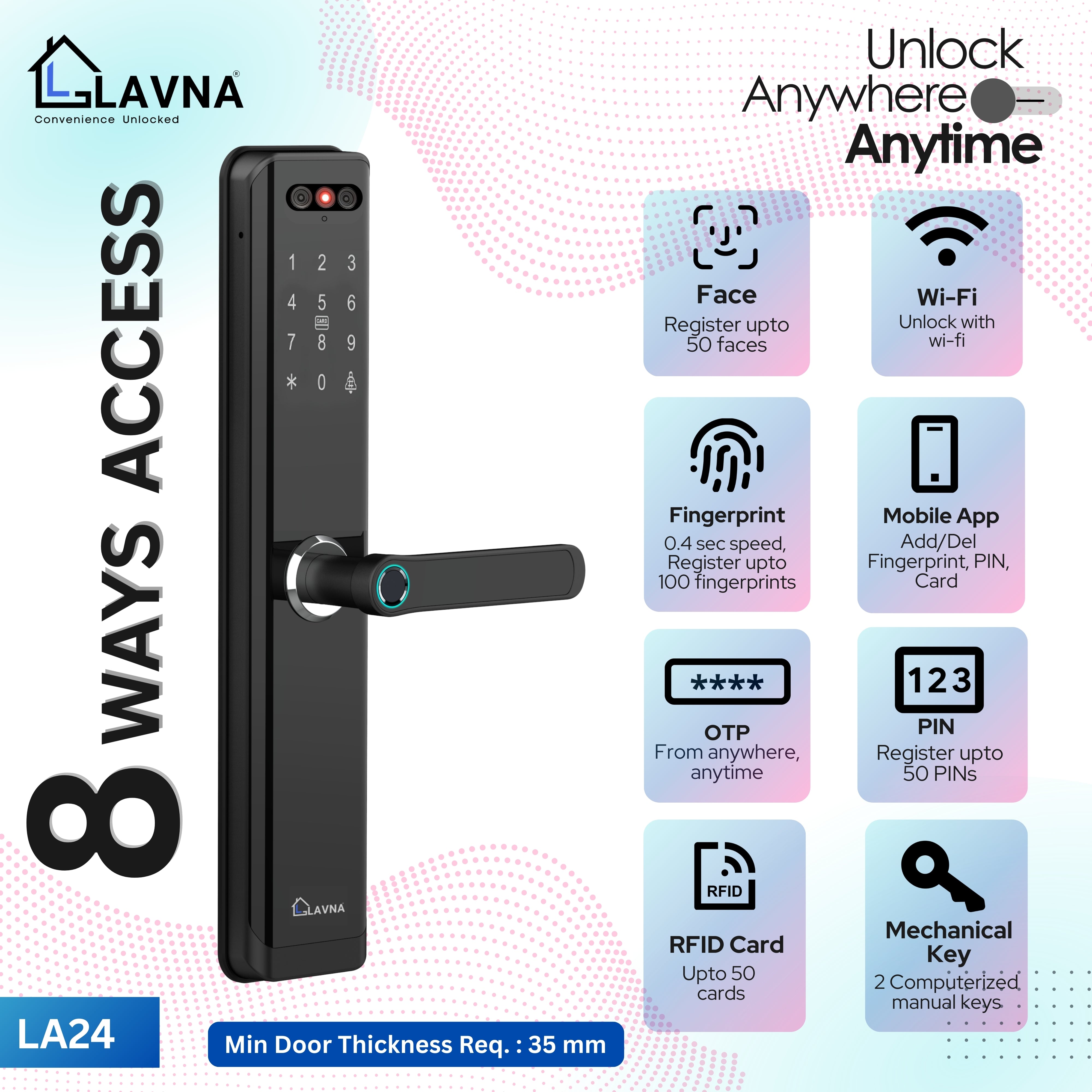 LAVNA LA24 Smart Door Lock | 8 Way Unlock | Face Id, Fingerprint, Mobile App, WiFi + Bluetooth, OTP, PIN, RFID Card and Manual Key | Built-in Camera n Screen | 5 Bolts | fit with Wooden Doors