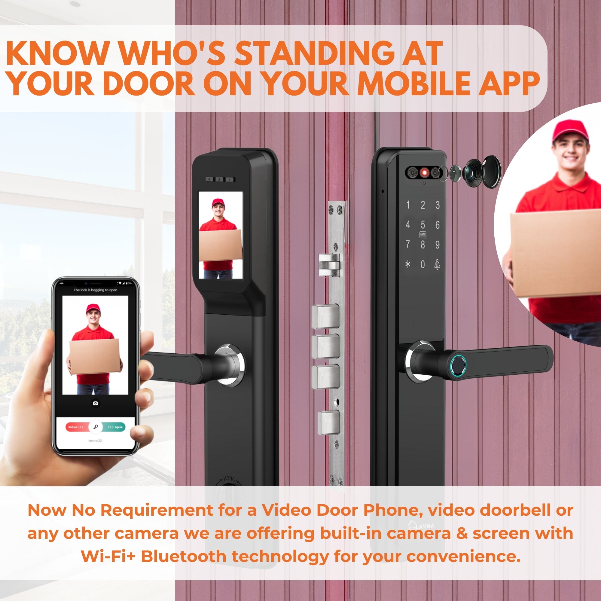 LAVNA LA24 Smart Door Lock | 8 Way Unlock | Face Id, Fingerprint, Mobile App, WiFi + Bluetooth, OTP, PIN, RFID Card and Manual Key | Built-in Camera n Screen | 5 Bolts | fit with Wooden Doors