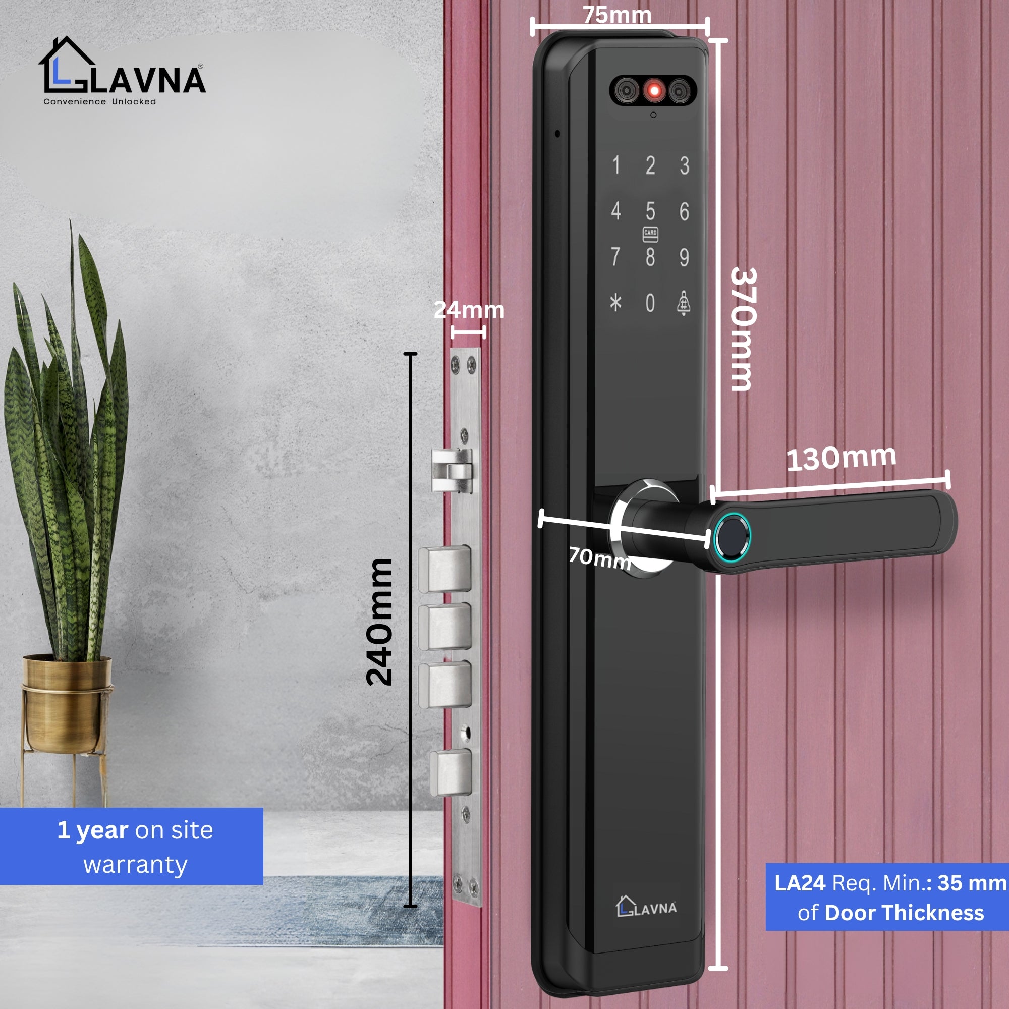 LAVNA LA24 Smart Door Lock | 8 Way Unlock | Face Id, Fingerprint, Mobile App, WiFi + Bluetooth, OTP, PIN, RFID Card and Manual Key | Built-in Camera n Screen | 5 Bolts | fit with Wooden Doors