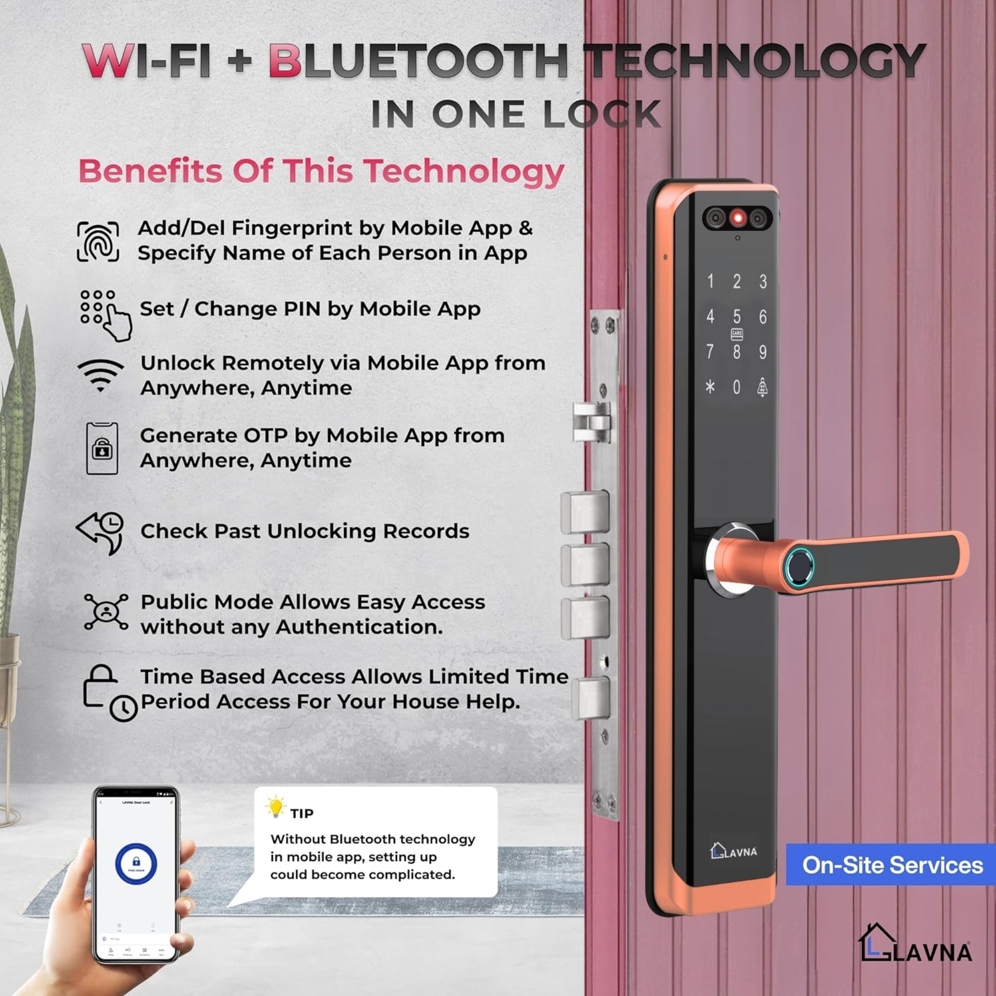 LAVNA LA24 Smart Door Lock | 8 Way Unlock | Face Id, Fingerprint, Mobile App, WiFi + Bluetooth, OTP, PIN, RFID Card and Manual Key | Built-in Camera n Screen | 5 Bolts | fit with Wooden Doors