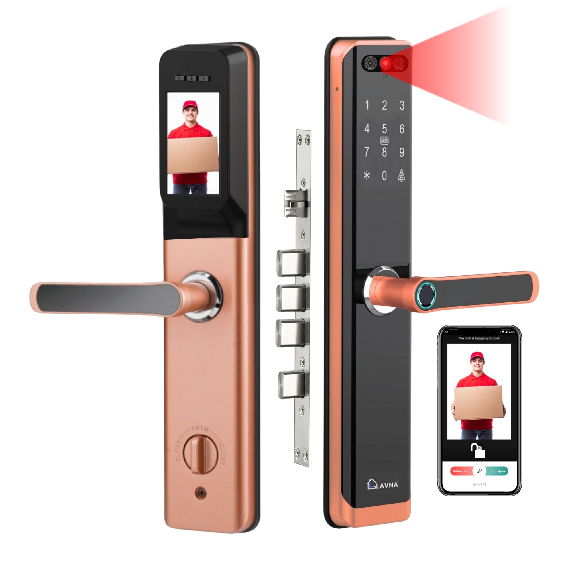 LAVNA LA24 Smart Door Lock | 8 Way Unlock | Face Id, Fingerprint, Mobile App, WiFi + Bluetooth, OTP, PIN, RFID Card and Manual Key | Built-in Camera n Screen | 5 Bolts | fit with Wooden Doors