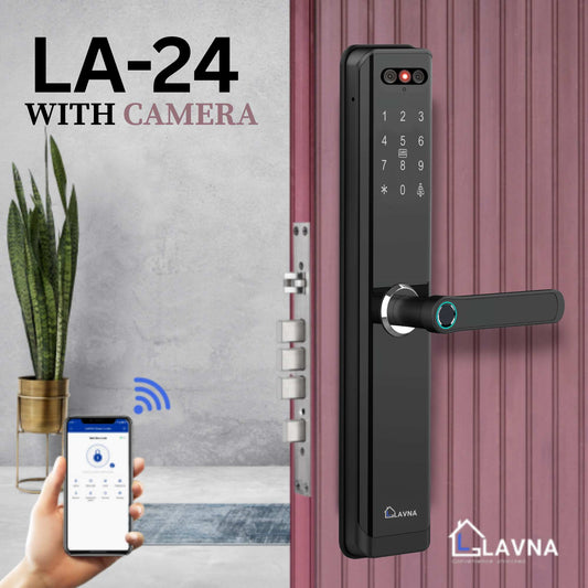 LAVNA LA24 Smart Door Lock | 8 Way Unlock | Face Id, Fingerprint, Mobile App, WiFi + Bluetooth, OTP, PIN, RFID Card and Manual Key | Built-in Camera n Screen | 5 Bolts | fit with Wooden Doors