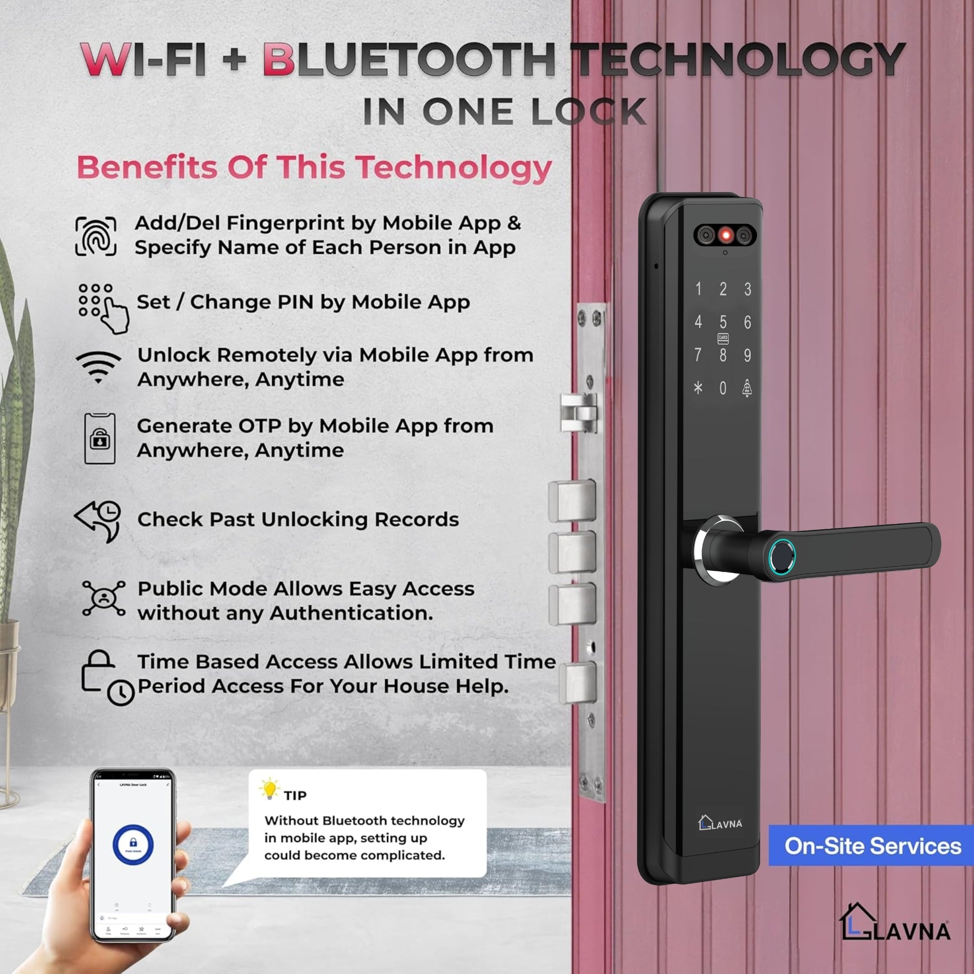 LAVNA LA24 Smart Door Lock | 8 Way Unlock | Face Id, Fingerprint, Mobile App, WiFi + Bluetooth, OTP, PIN, RFID Card and Manual Key | Built-in Camera n Screen | 5 Bolts | fit with Wooden Doors