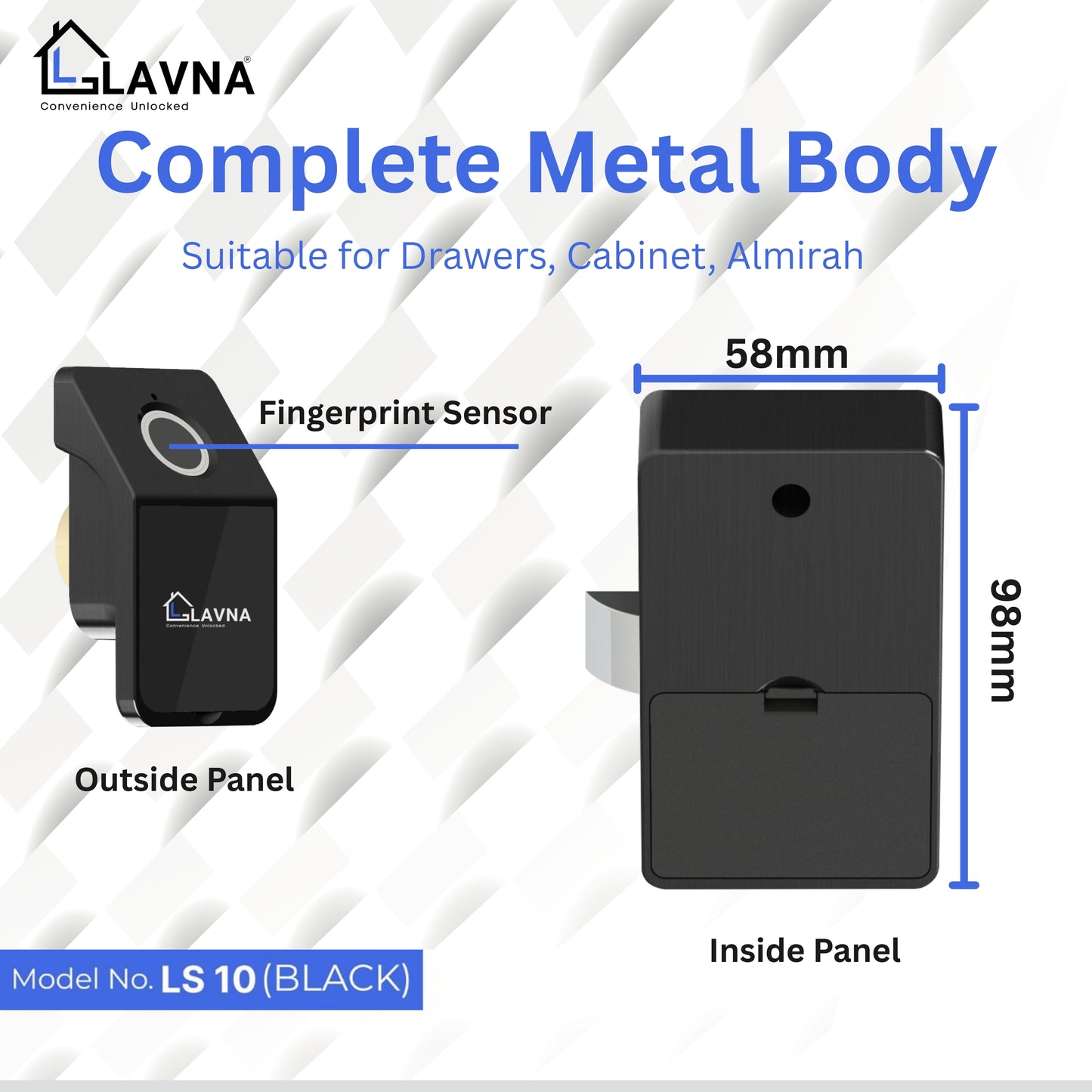 LAVNA Digital Cabinet Lock | 3 Way Access | Fingerprint, Mobile App, Key Access Suitable for Drawer, cabinets, wardrobe | Fully Metal Built up Lock (Black)
