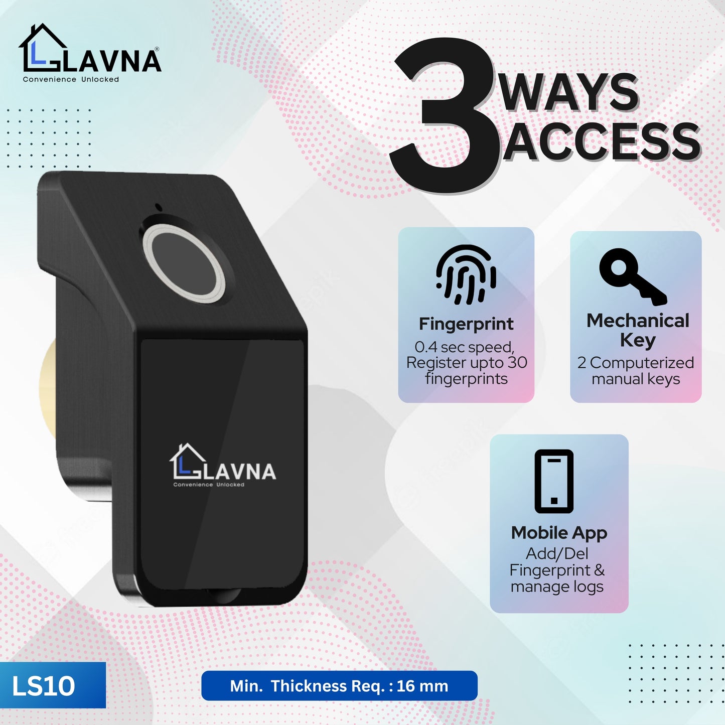 LAVNA Digital Cabinet Lock | 3 Way Access | Fingerprint, Mobile App, Key Access Suitable for Drawer, cabinets, wardrobe | Fully Metal Built up Lock (Black)