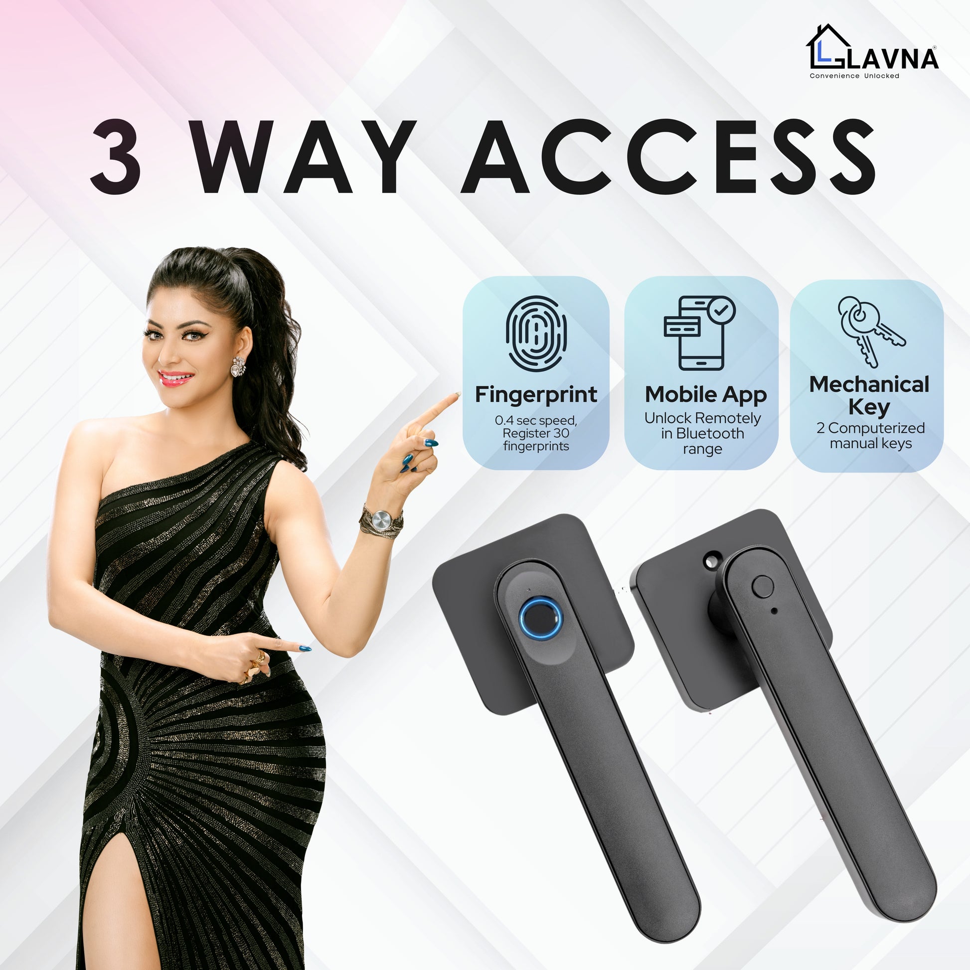 LAVNA LA15 Fingerprint Smart Door Lock Handle with Fingerprint, and Manual Key Access for Wooden Doors