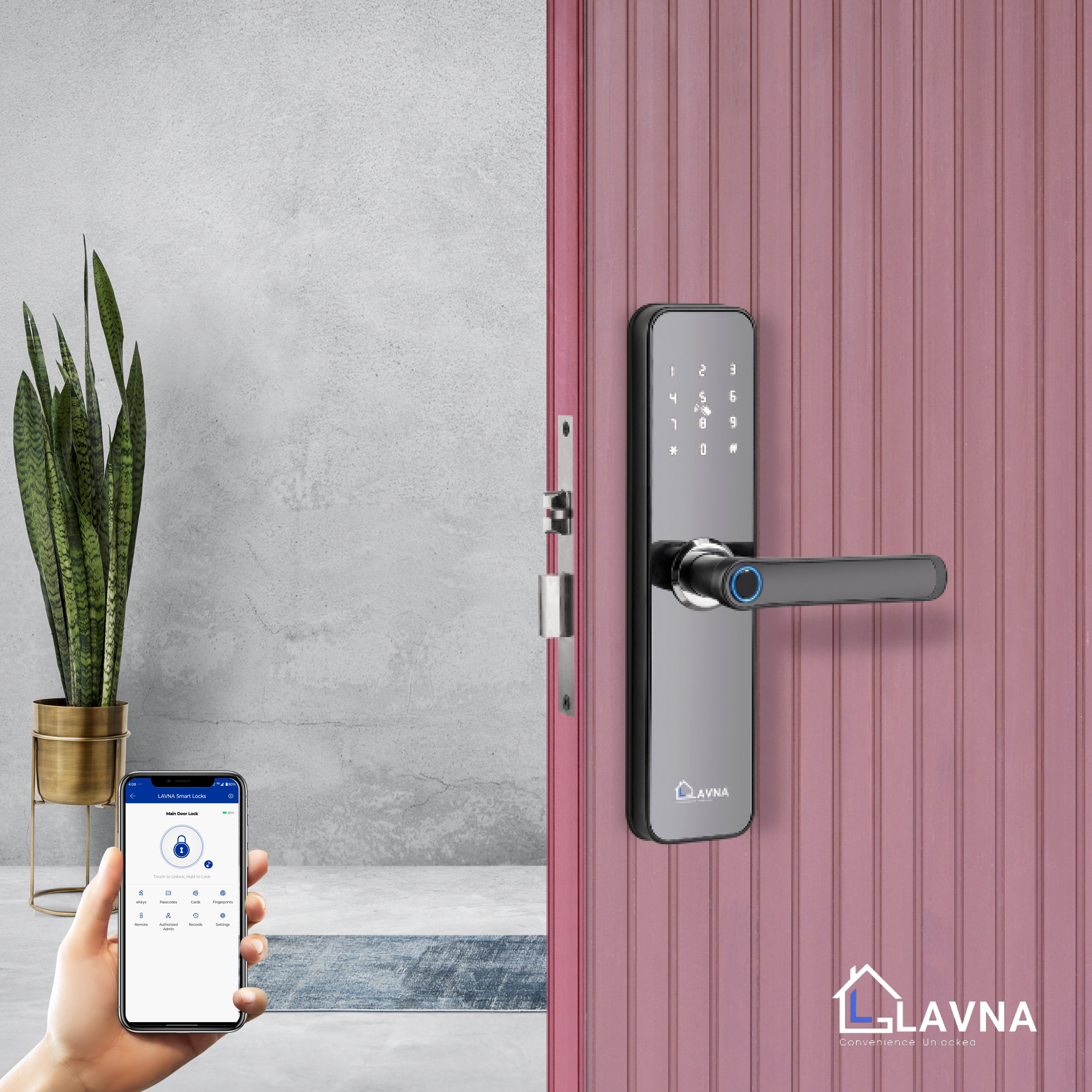LAVNA LA28 Smart Door Lock with Wi-fi Mobile App, Fingerprint, OTP, PIN, RFID Card & Manual Key 7 way Access for Wooden Doors