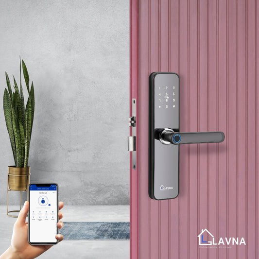 LAVNA LA28 Smart Door Lock with Wi-fi Mobile App, Fingerprint, OTP, PIN, RFID Card & Manual Key 7 way Access for Wooden Doors