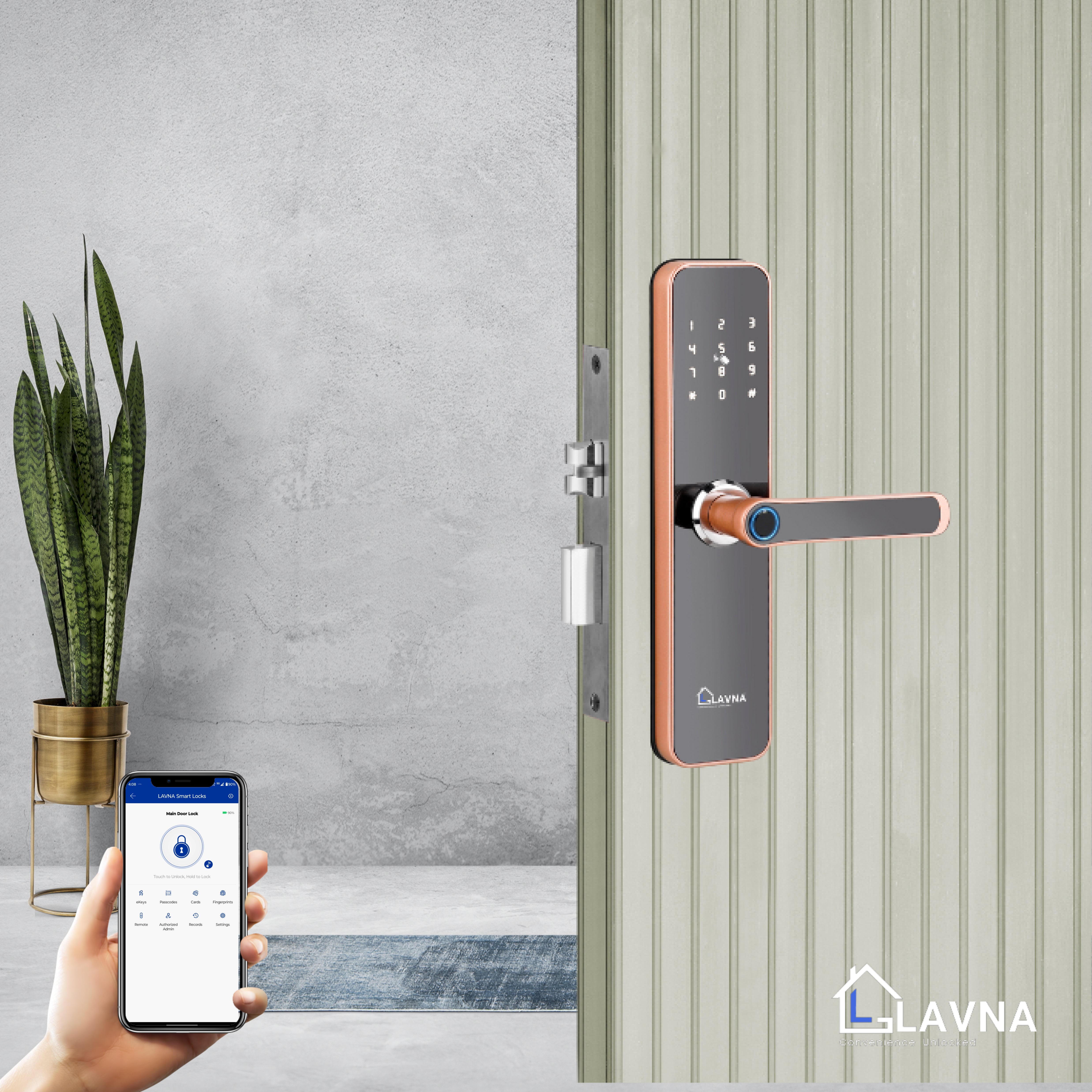 LAVNA LA28 Smart Door Lock with Wi-fi Mobile App, Fingerprint, OTP, PIN, RFID Card & Manual Key 7 way Access for Wooden Doors